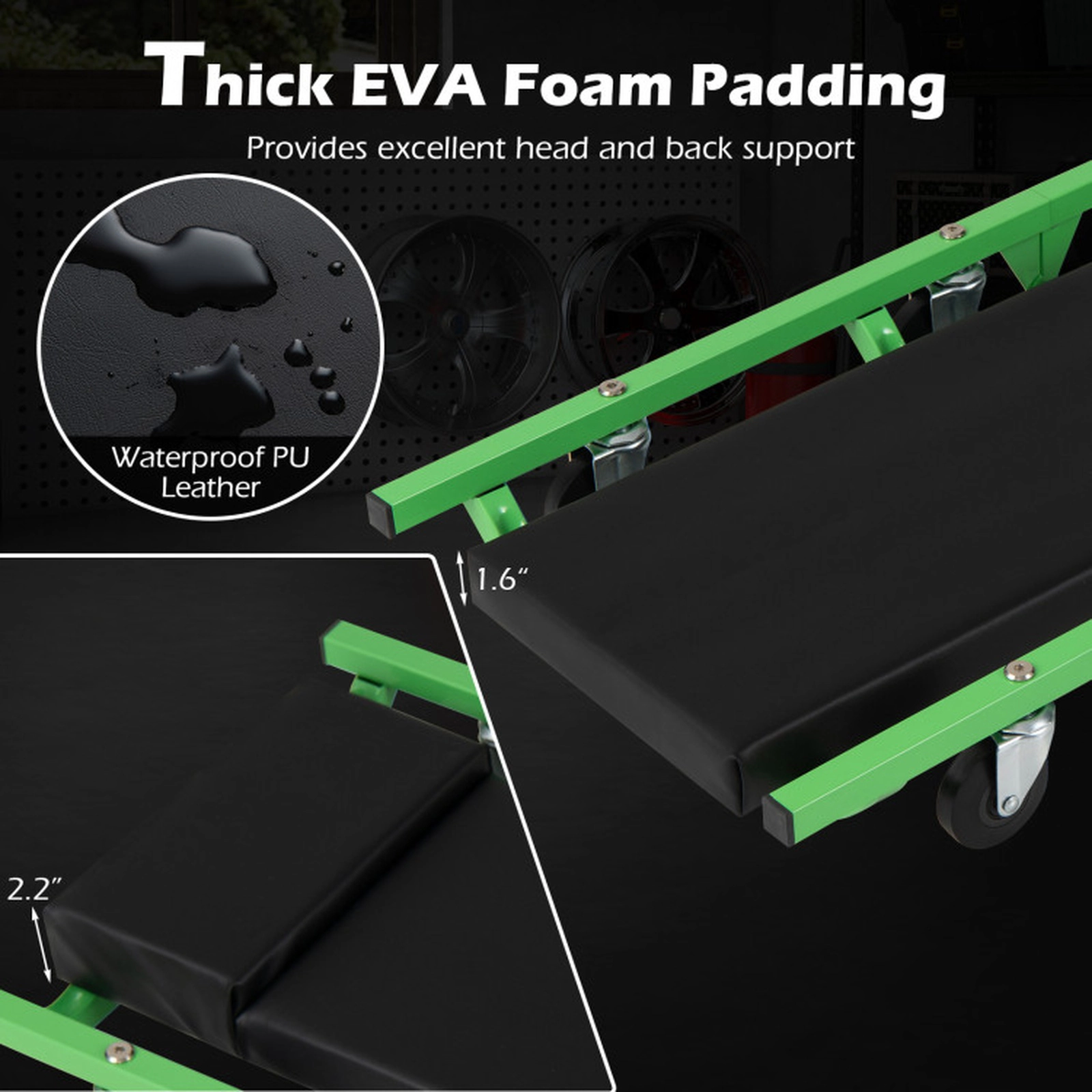 SUGIFT Folding 360 Swivel Wheels EVA Foam PU Leather Automotive Mechanic Creeper 36-in x 14.5-in 330-lb Capacity Green