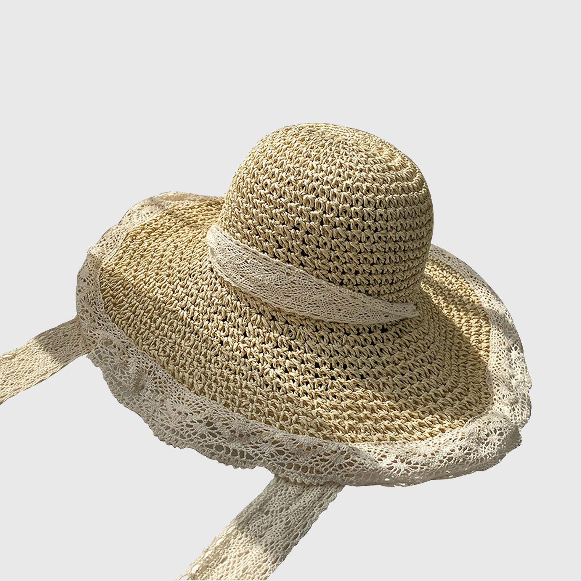 Anna-Kaci Women's Crochet Straw Sun Hat with Lace Trim & Bow