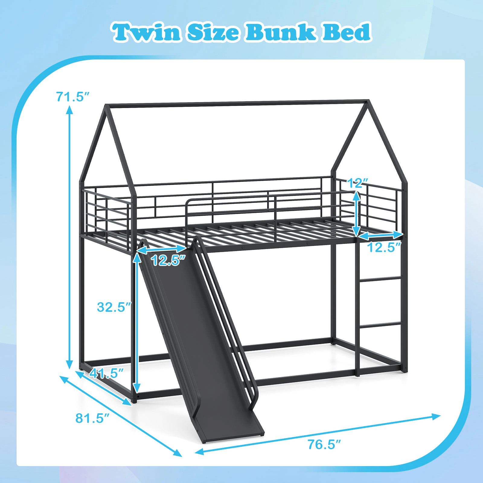 SUGIFT House-Shaped Metal Twin Over Twin Low Bunk Bed with Slide 250-lb Upper Bunk Capacity Black/White