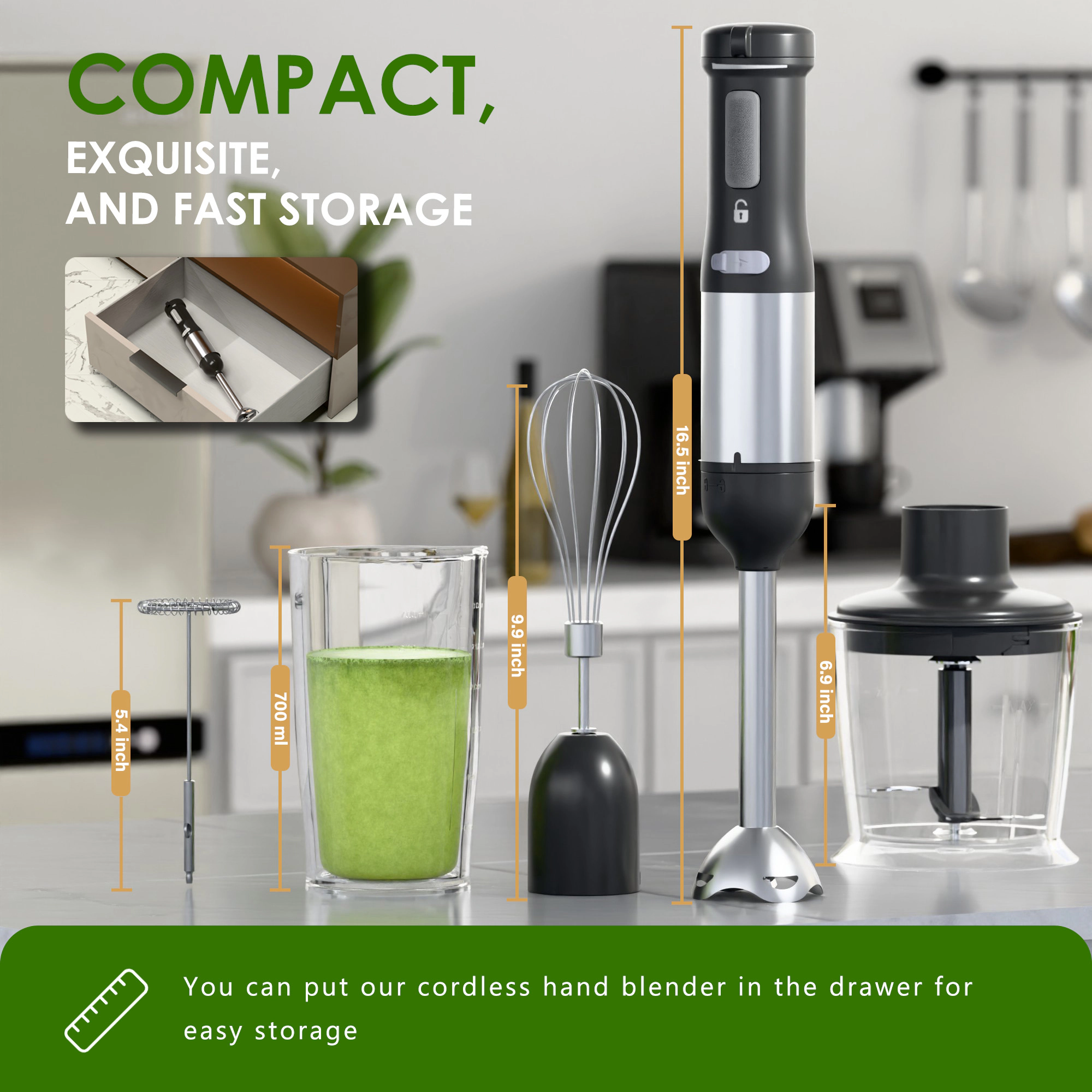 WHALL Cordless Immersion Hand Blender, 5-in-1 Rechargeable Stick Blender with Variable Speed, Stainless Steel Blade