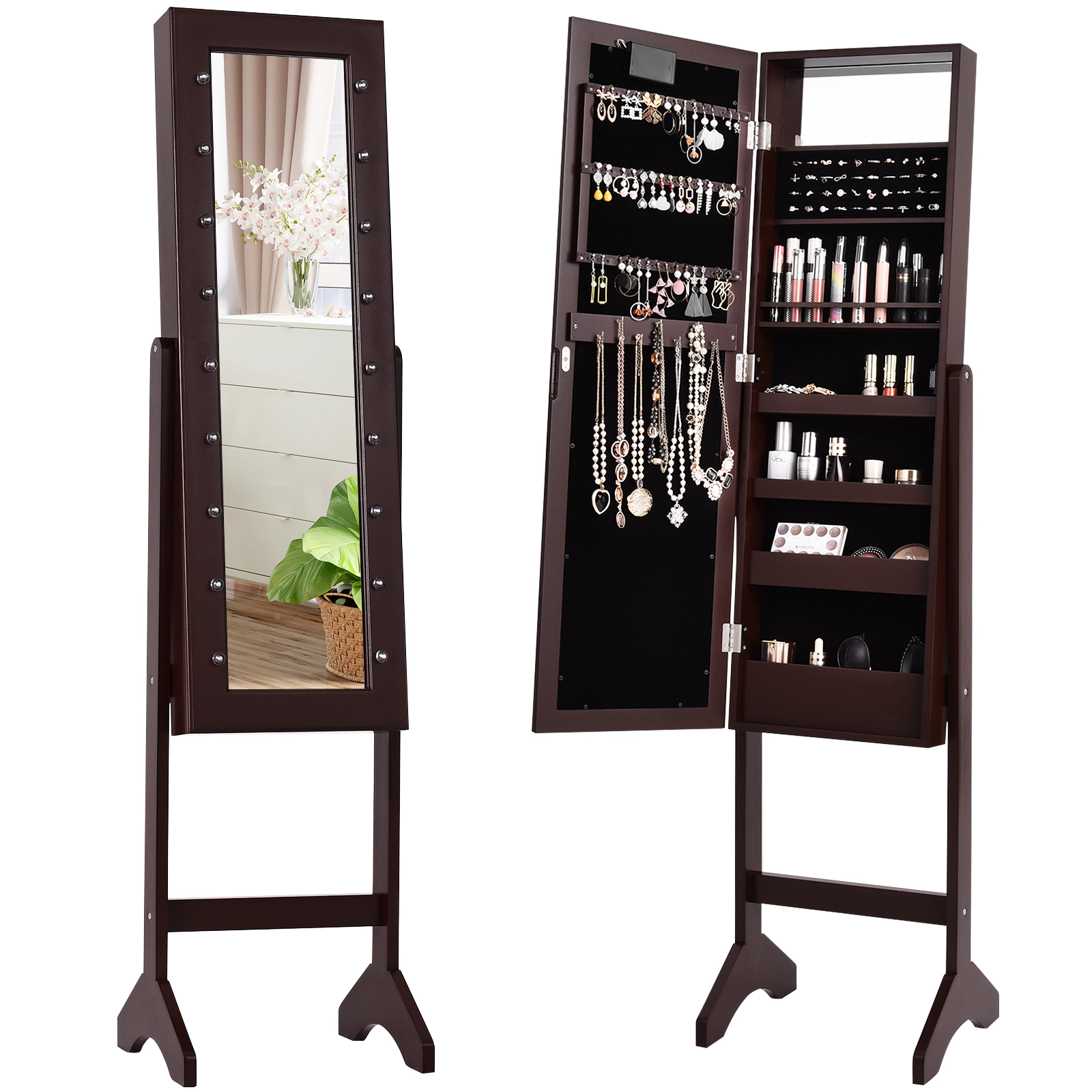 SUGIFT 57-in Freestanding Brown Mirrored Jewelry Cabinet Armoire Organizer with 18 LED Lights and Velvet Liner