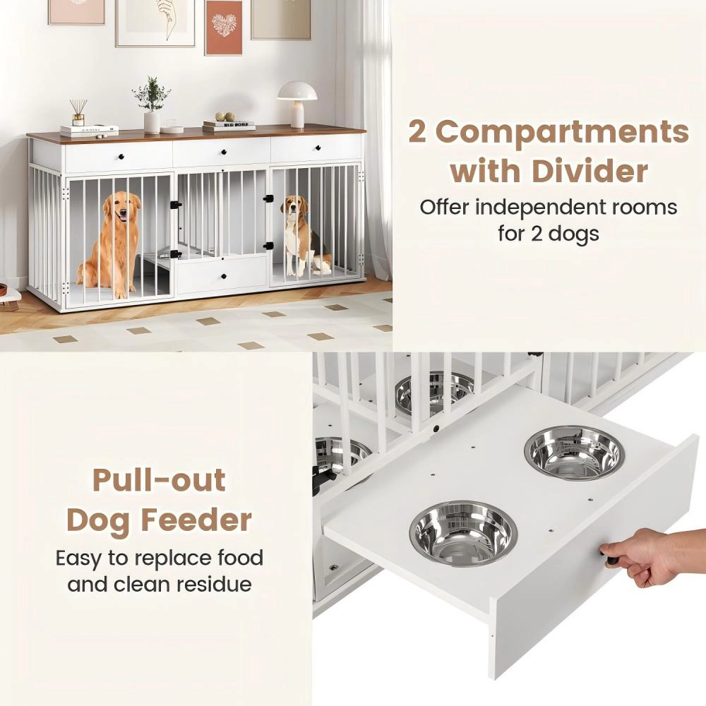 SUGIFT 71 in Dog Crate Furniture White Double Kennel with Divider 3 Drawers and Pull-out Feeder