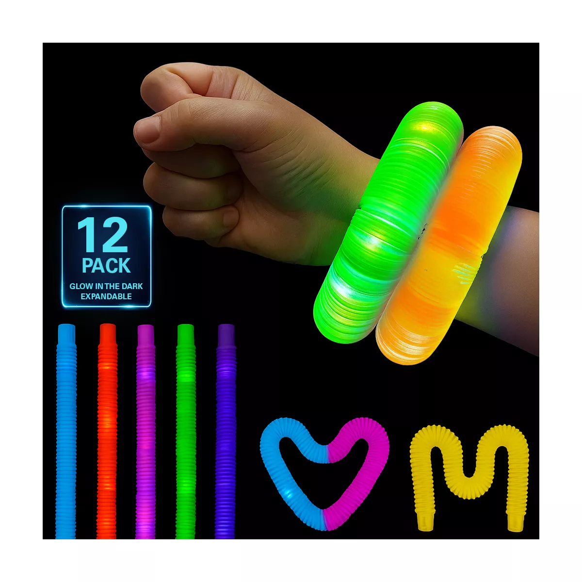 Sperric Christmas Light Up Pop Tube Toy 12 Pack 25” Stretchy Glow in the Dark Pop Tube Sensory Fidget Gift Toys for Kids