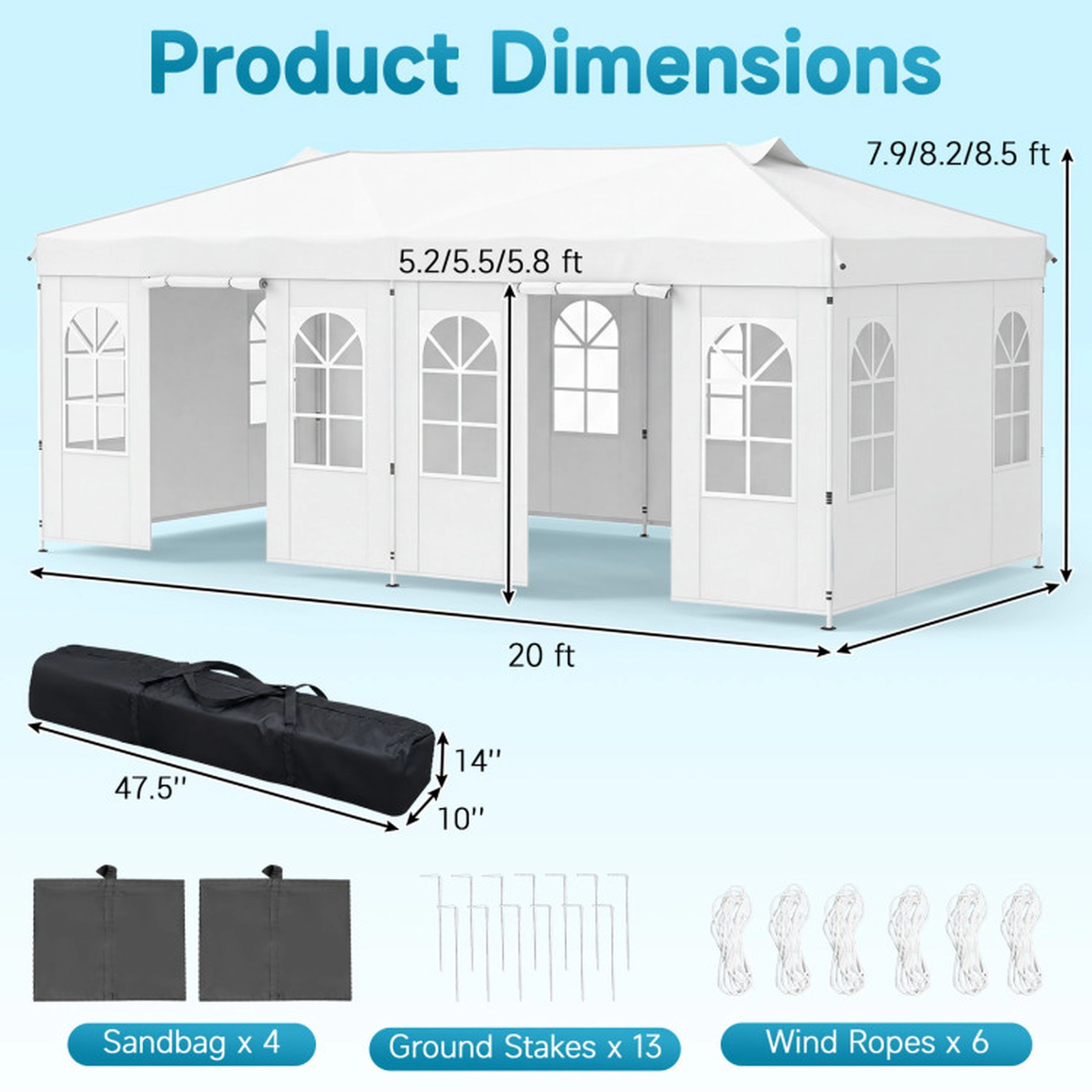 SUGIFT 10 x 20Pop Up Canopy Gazebo Tent with 6 Removable Sidewalls 3-Height Adjustable Metal Frame PE Fabric Roof White