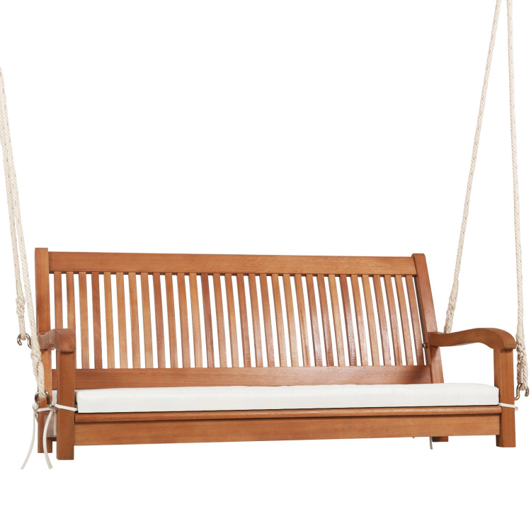 Hivvago 2-Person Hanging Porch Swing Wood Bench With Cushion Curved Back