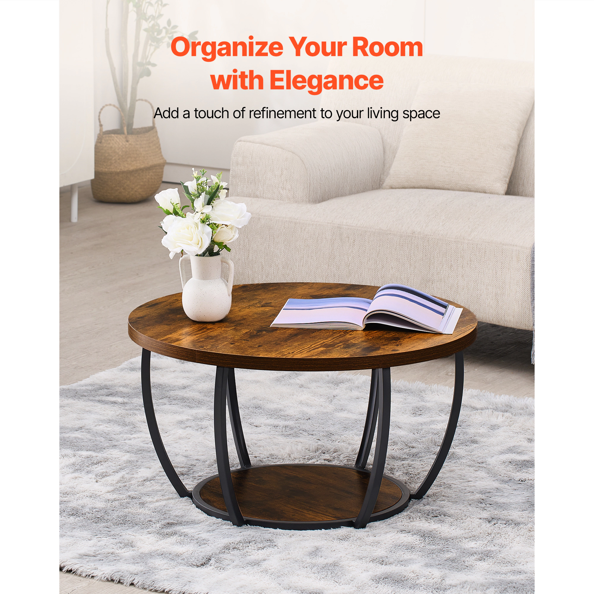 HONGGE Coffee Table Modern Round Coffee Table 2 Tiers Wooden Circle Center Desk with Open Storage Minimalist Sturdy