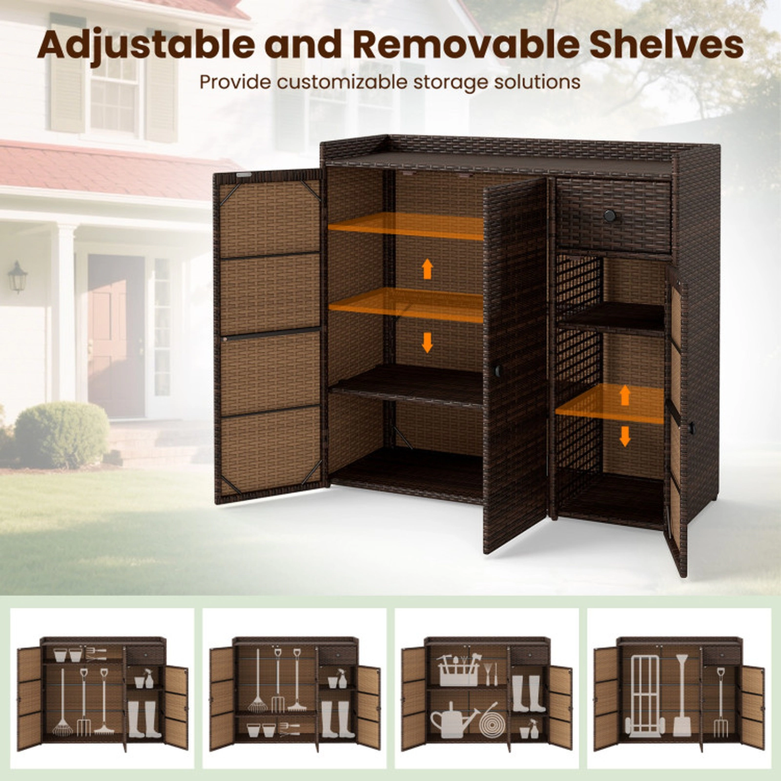 SUGIFT 3-Door Outdoor PE Wicker Storage Cabinet 110-lb Countertop 65-lb Shelf Capacity 39 x 15 x 37-in Mix Brown
