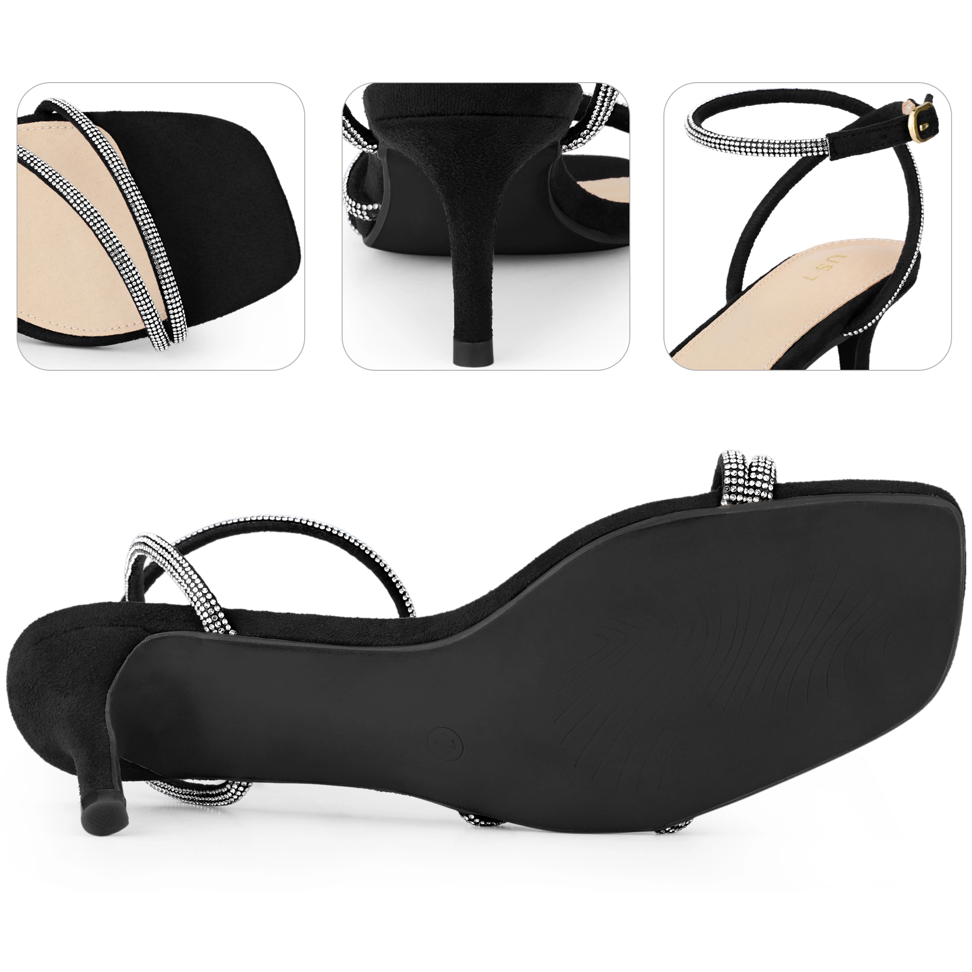 BLISSFUL STEP Women's Rhinestone Kitten Heels Square Toe Ankle Strap Sandals