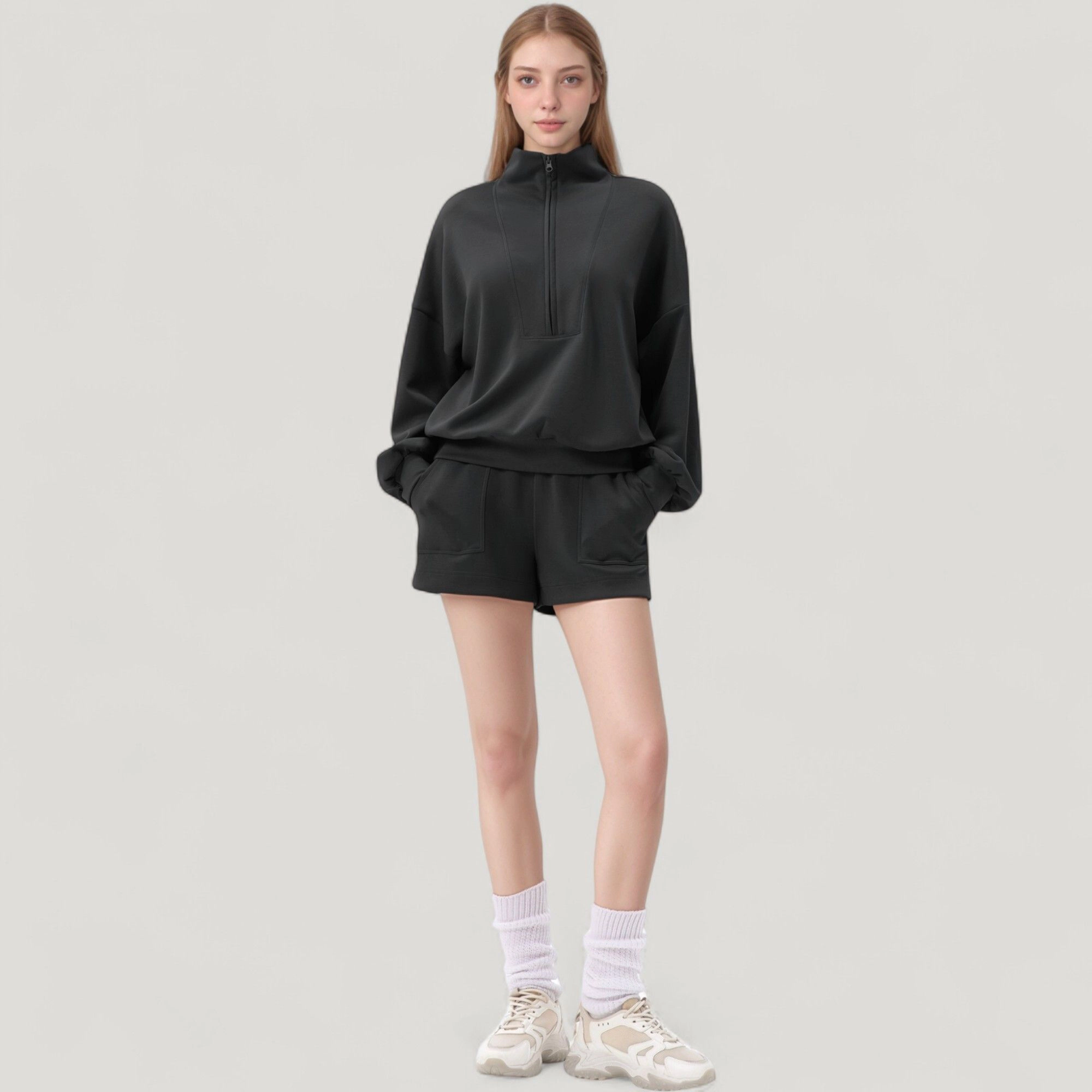 Anna-Kaci Women's Long Sleeve Woven Half-Zip Pullover Top with Stand Collar and Elastic Cuffs