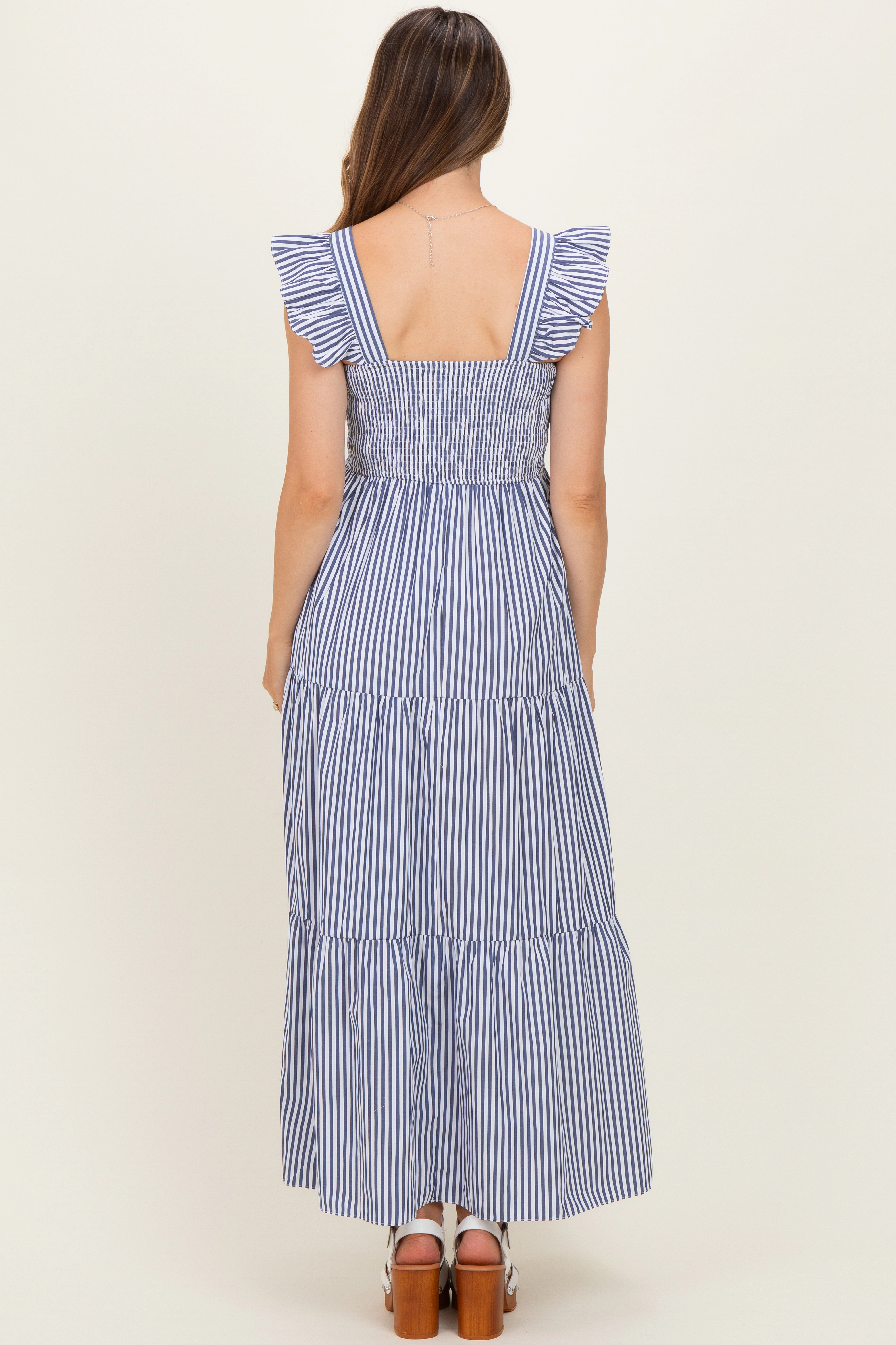 PinkBlush Womens Navy Striped Ruffle Strap Smocked Maternity Maxi Dress
