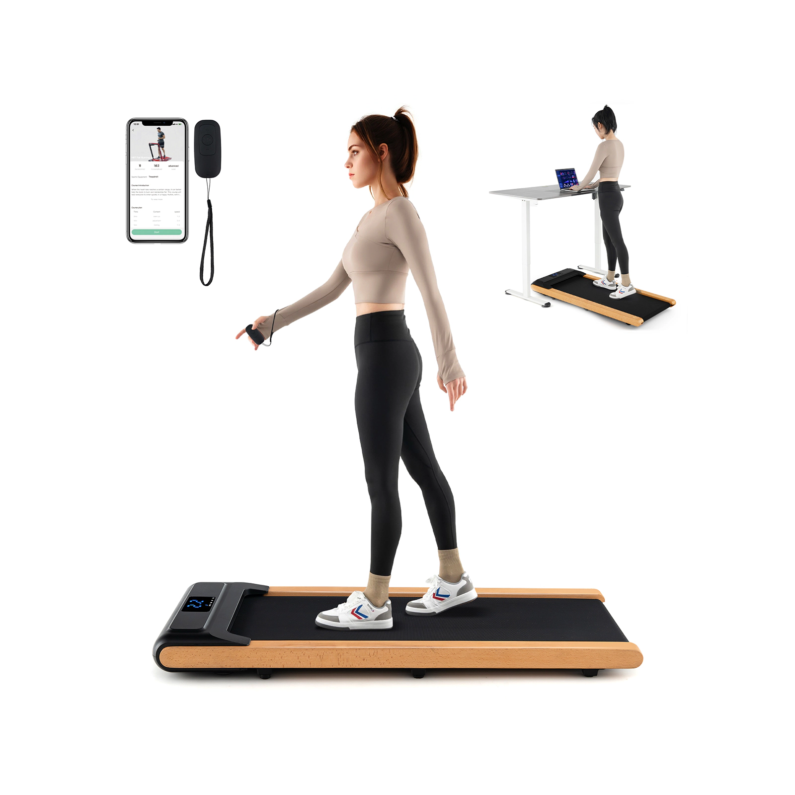 SUGIFT Black 3-in-1 Walking Pad with Beech Wood Deck and Remote Control 48-in W 21-in D 220-lb User Capacity