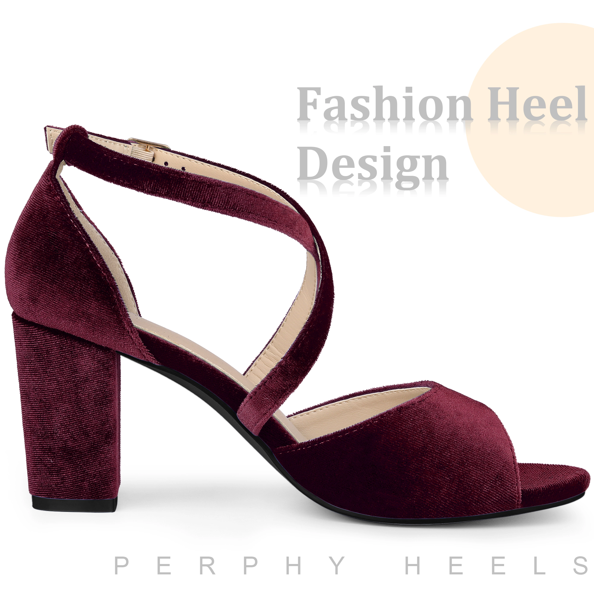 BLISSFUL STEP Women's Velvet Block Heel Crisscross Strap Sandals