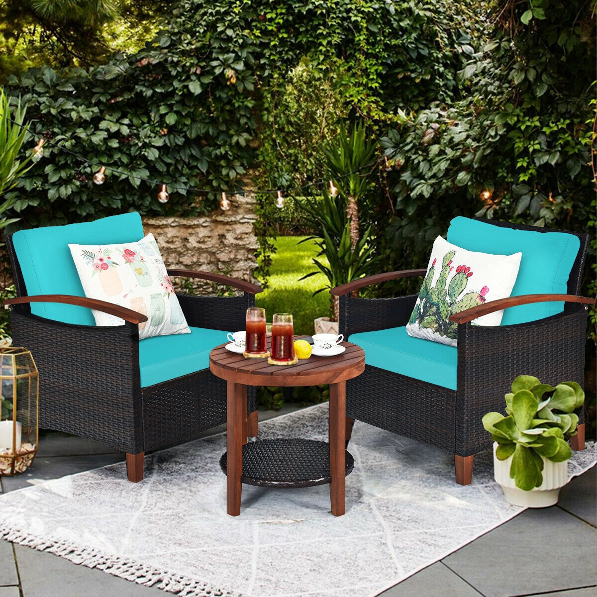 SUGIFT 3-Piece Turquoise Rattan Patio Set with Acacia Wood Frames