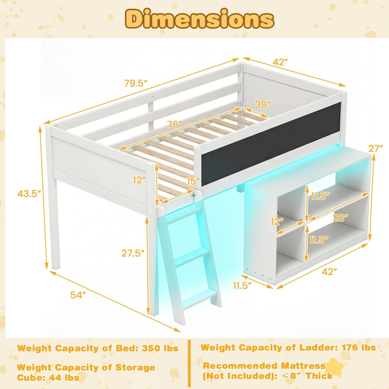 SUGIFT Twin Low Loft Bed with RGB LED Lights, Rolling Bookcase and Chalkboard, White