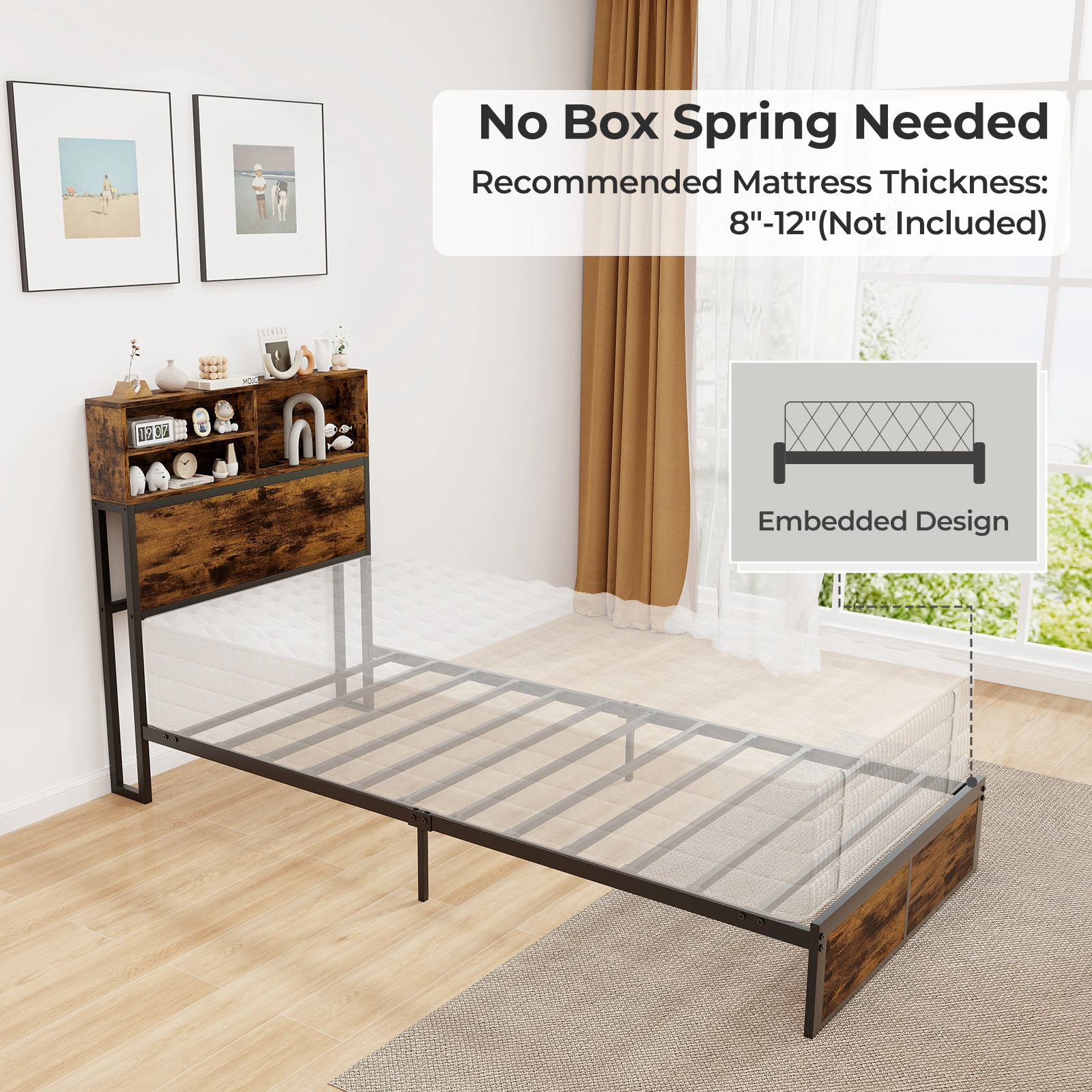 SUGIFT Twin Size Bed Frame with Storage Headboard 485-lb Capacity Rustic Brown