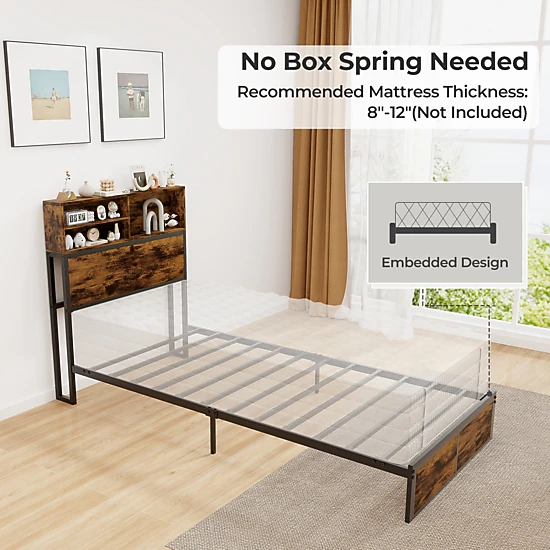 SUGIFT Twin Size Bed Frame with Storage Headboard 485-lb Capacity Rustic Brown