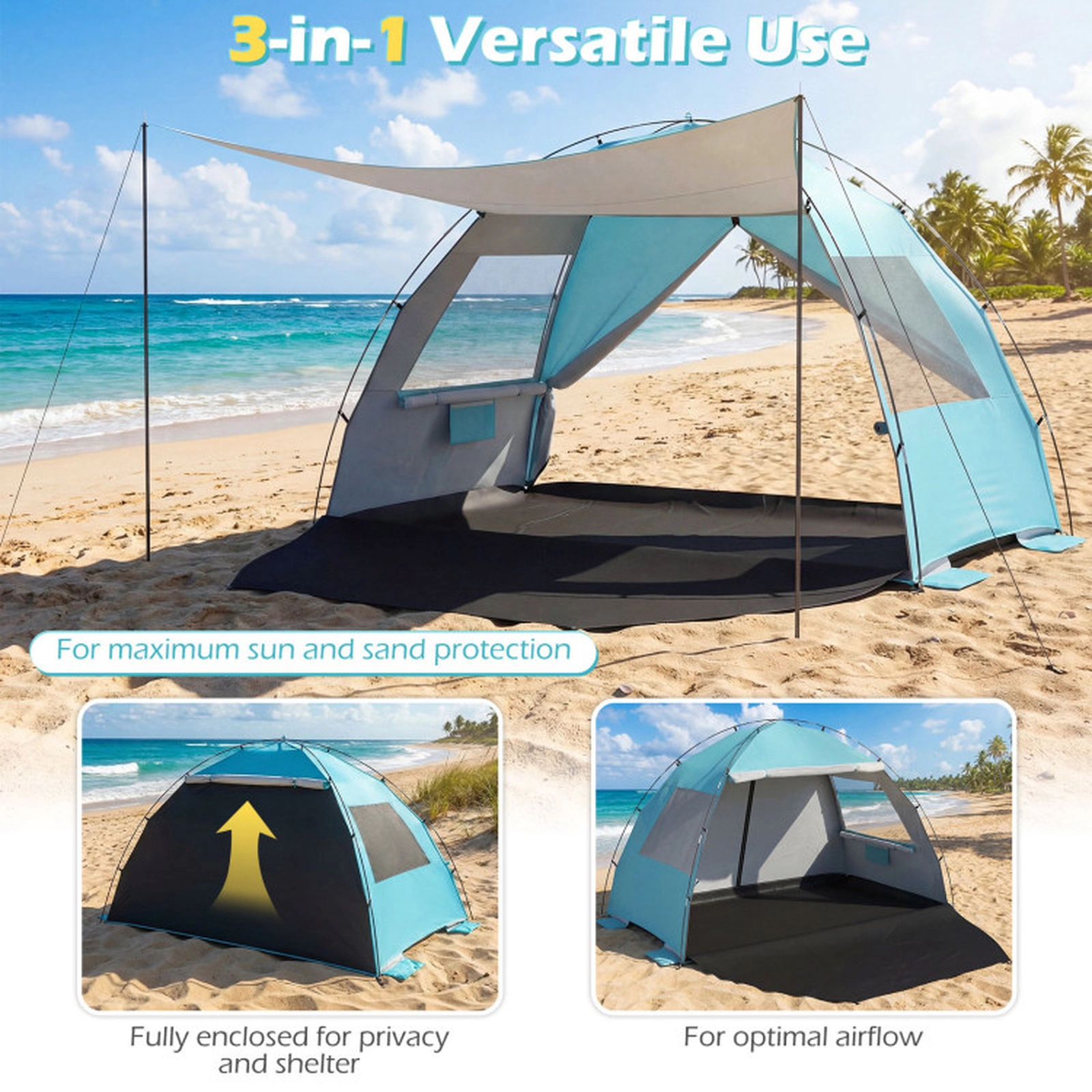 SUGIFT Blue Beach Tent Sun Shelter with Extended Floor 2 Vent Windows and 10 Stakes 87-in W 59-in D 59-in H