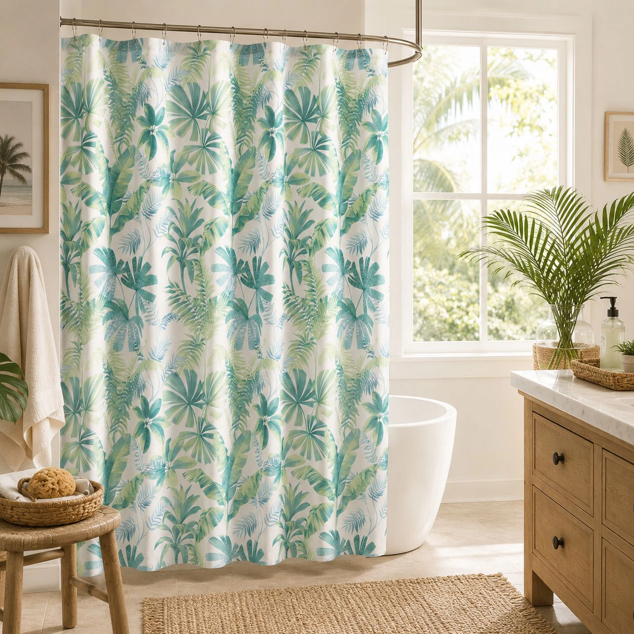 Kate Aurora Tropic Essentials Coastal Aqua Palm Fabric Shower Curtain