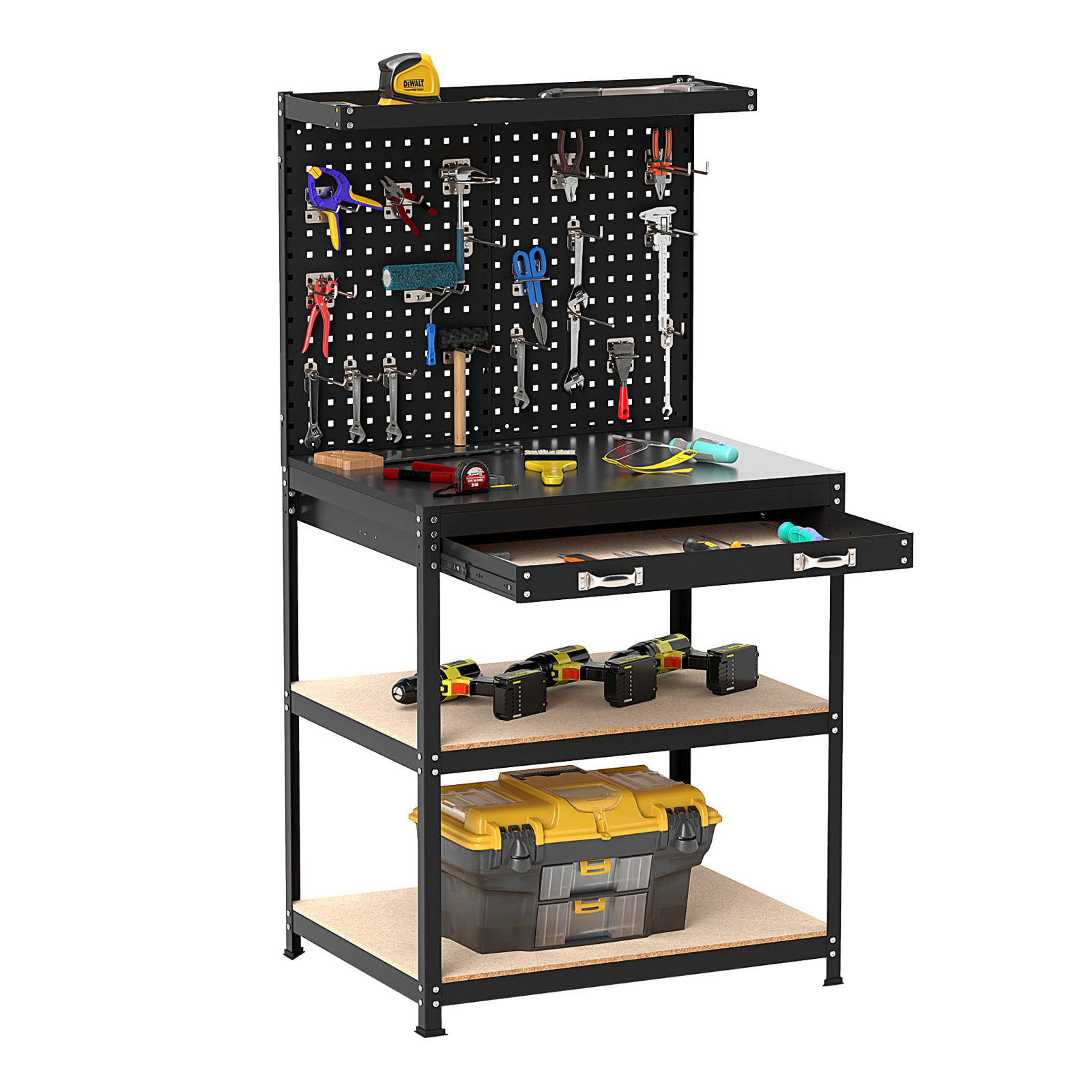 SUGIFT 32 x 16 in Heavy-Duty Workbench Work Table with 2 Pegboards Drawer 2 Shelves 495-lb Total Capacity Black