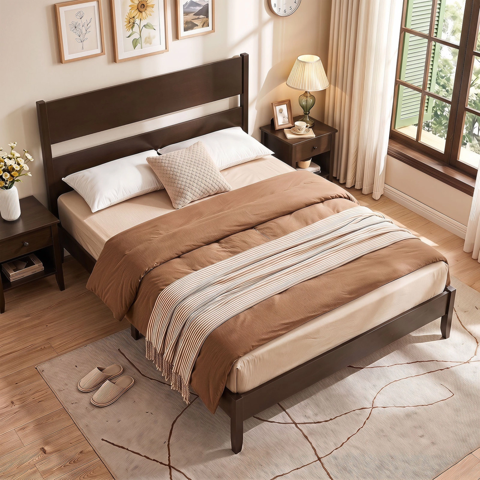 SUGIFT Queen Platform Bed Frame, 35-in Wood Headboard, 12 Screw-Fixed Slats, Dark Walnut