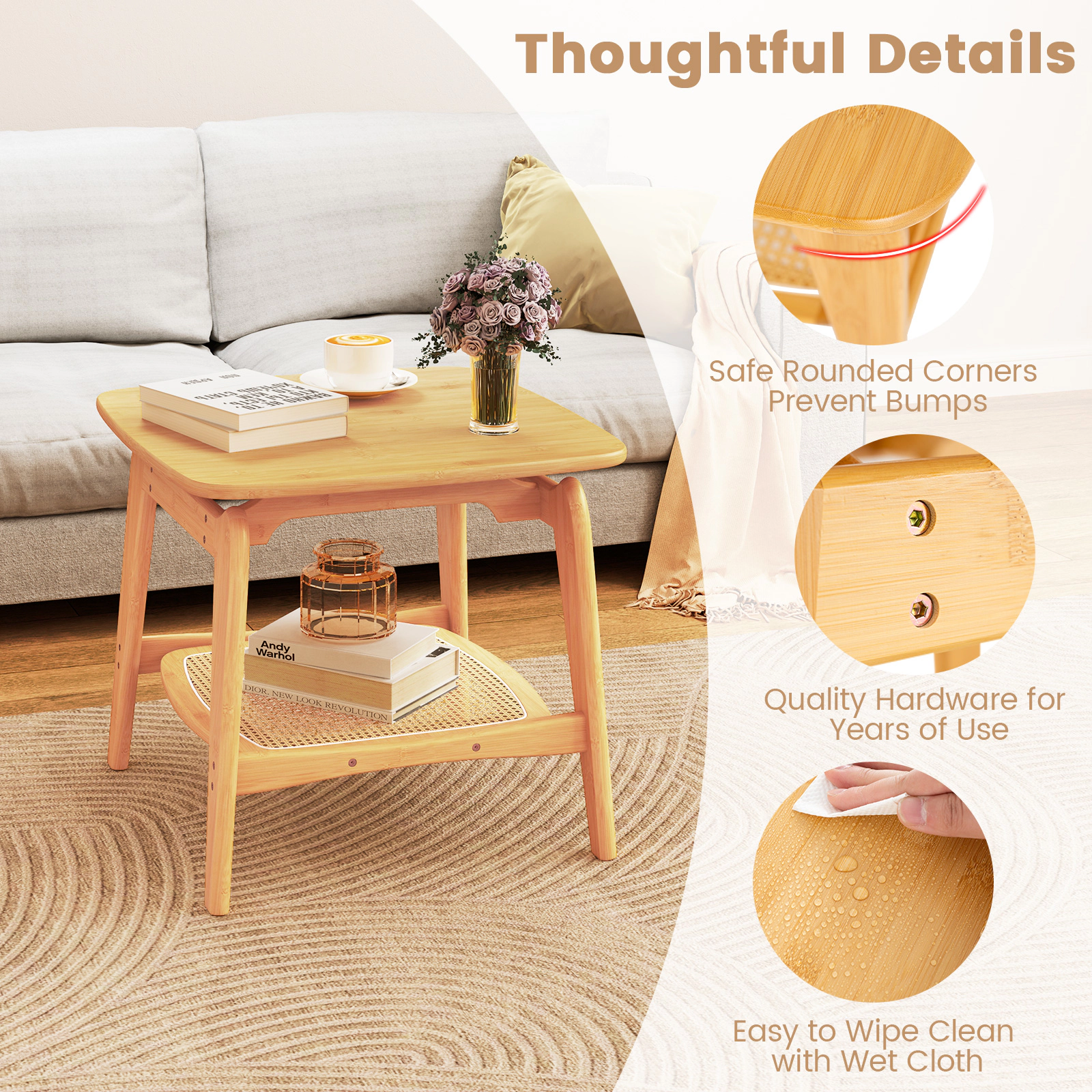 Glintex Boho Bamboo Side Table with Woven Faux Rattan Shelf and Curved Frame, Natural
