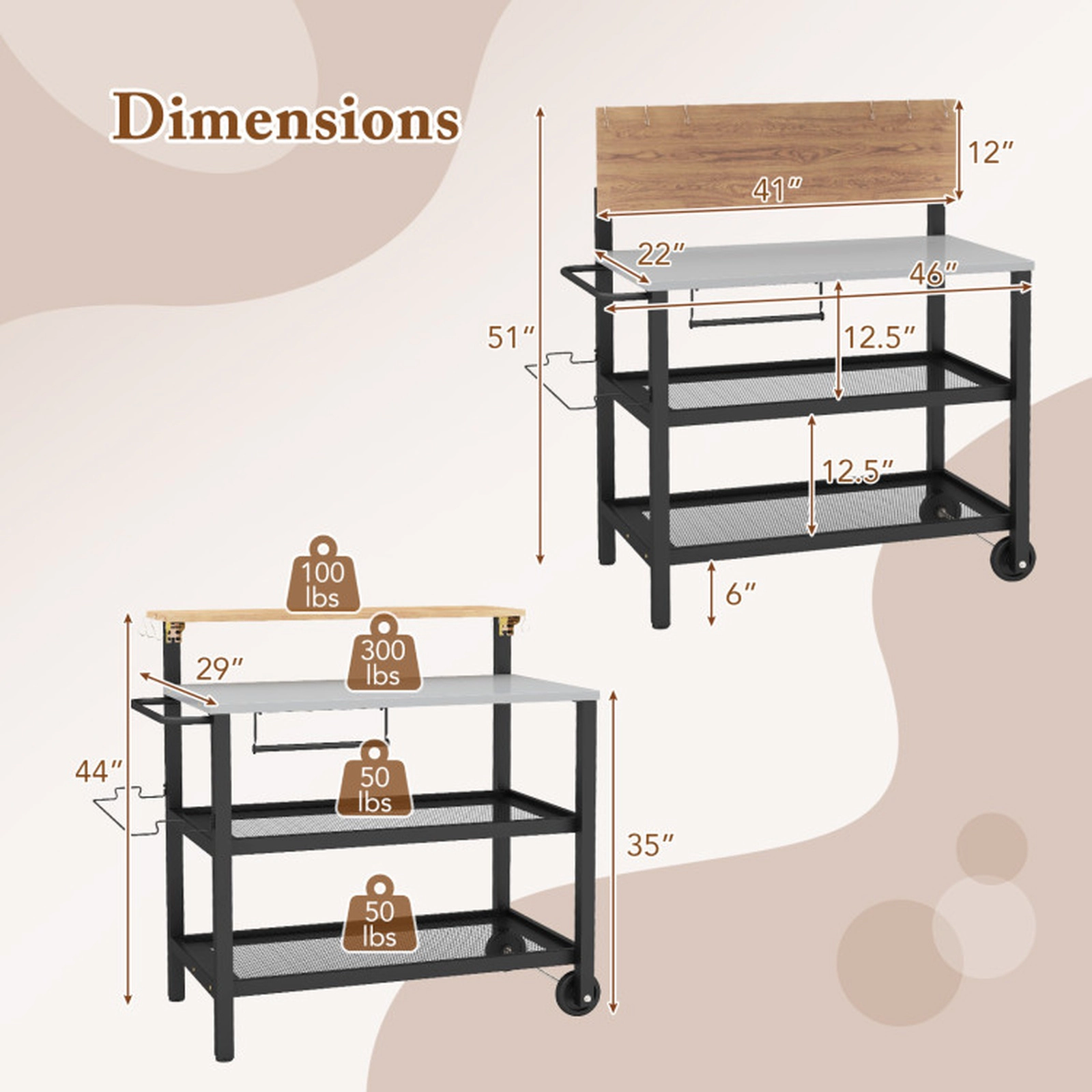 SUGIFT 3-Tier Galvanized Metal Flip-Up Table 6 Hooks Rolling Bar Cart 46-in x 22-in x 51-in 300-lb Capacity Black