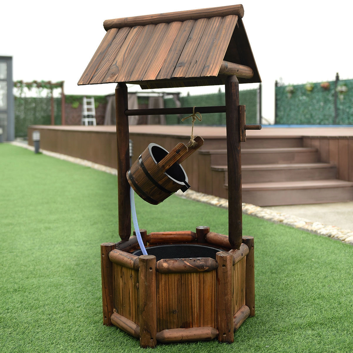 SUGIFT Brown 44.5-in Rustic Wishing Well Fir Wood Garden Fountain with 120V Electric Pump for Yard