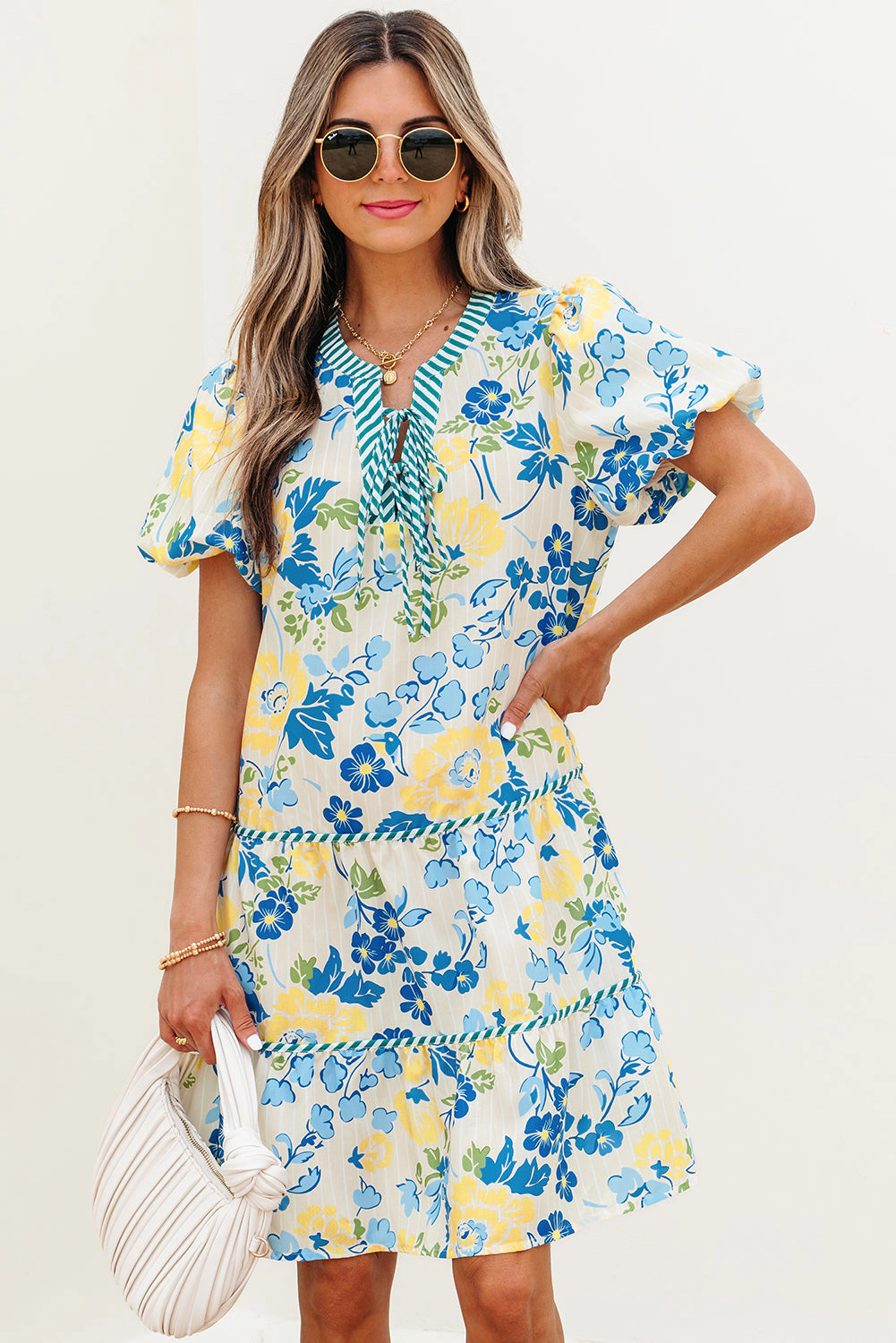 Threaded Pear Women's Payton Floral Striped Trim Puff Short Sleeve Dress