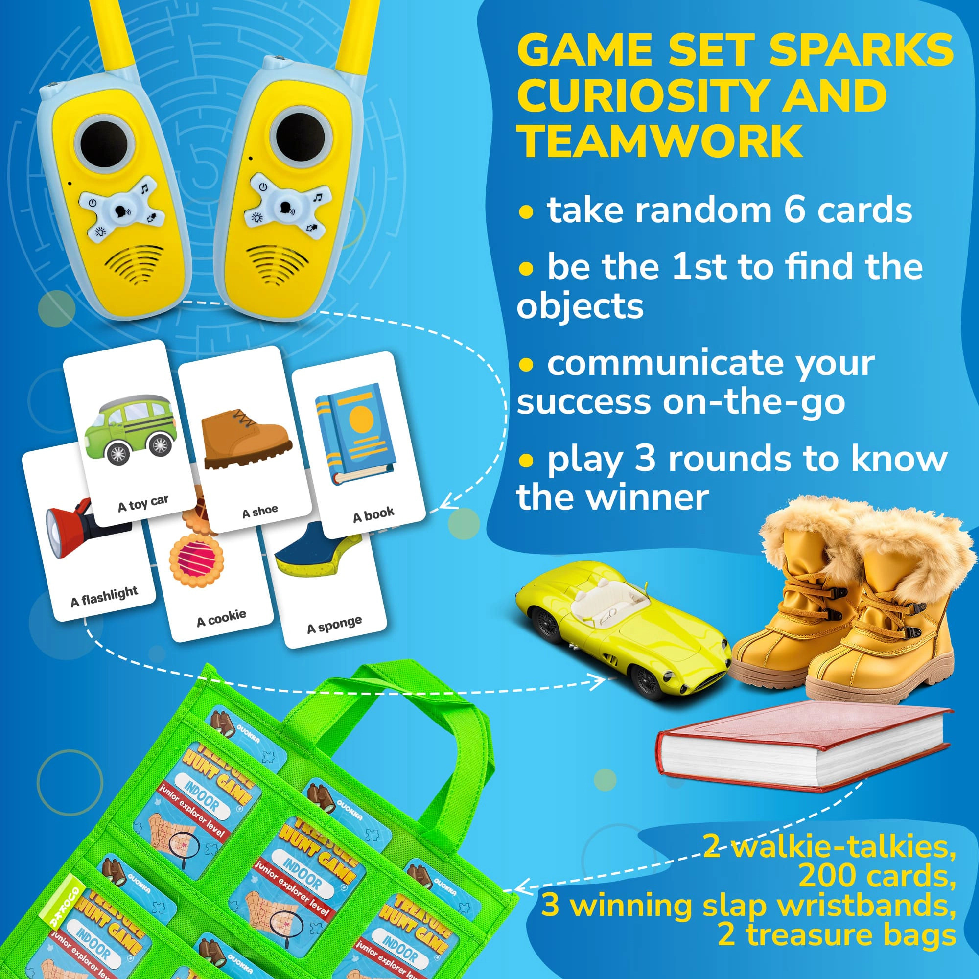 QUOKKA Scavenger Hunt Game for Kids, Indoor & Outdoor Adventure Set with Walkie Talkies & Cards