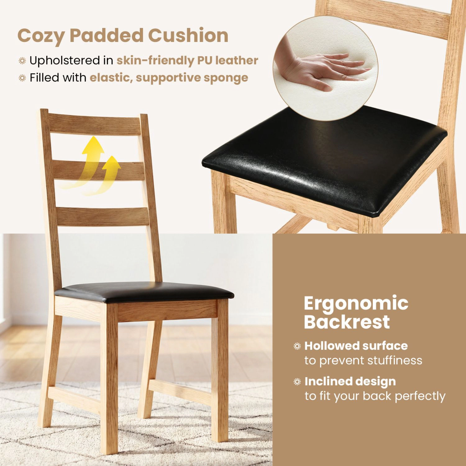 SlickBlue Padded Dining Chairs PU Leather Rubber Wood Chairs Set of 2