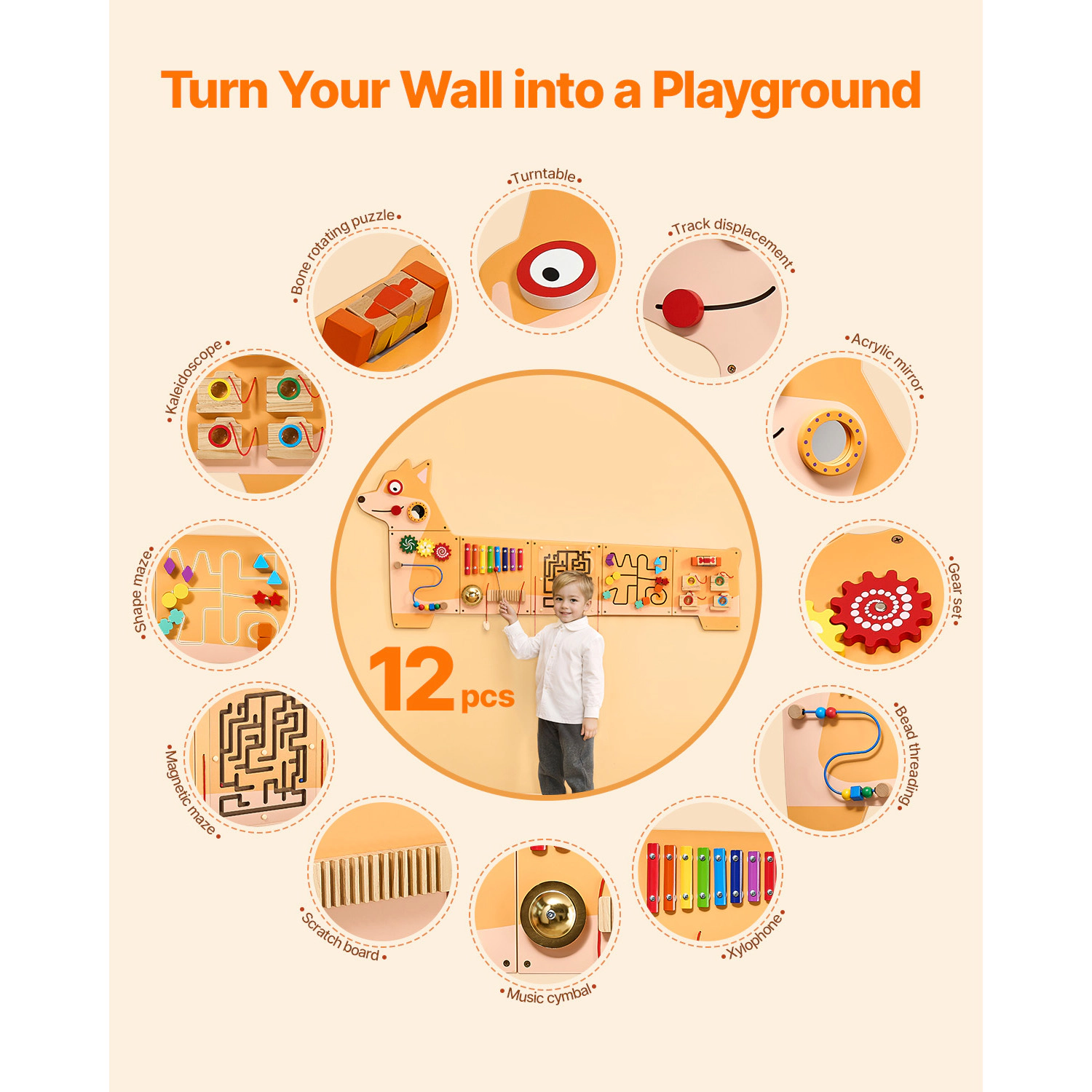 HONGGE Puppy Wall Busy Board with 12 Activities, Wide Montessori Sensory Panel for Kids Ages 3 to 12