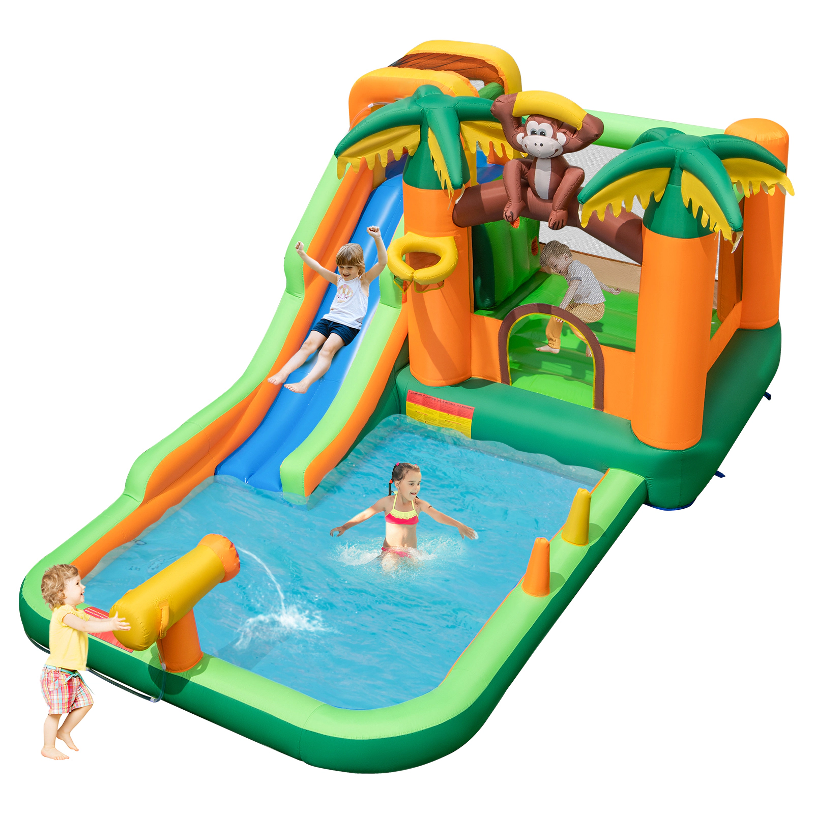 SUGIFT 6-in-1 Monkey-Themed Inflatable Bounce House Castle with Slide 200-lb Capacity Ages 3-10 Multi-color