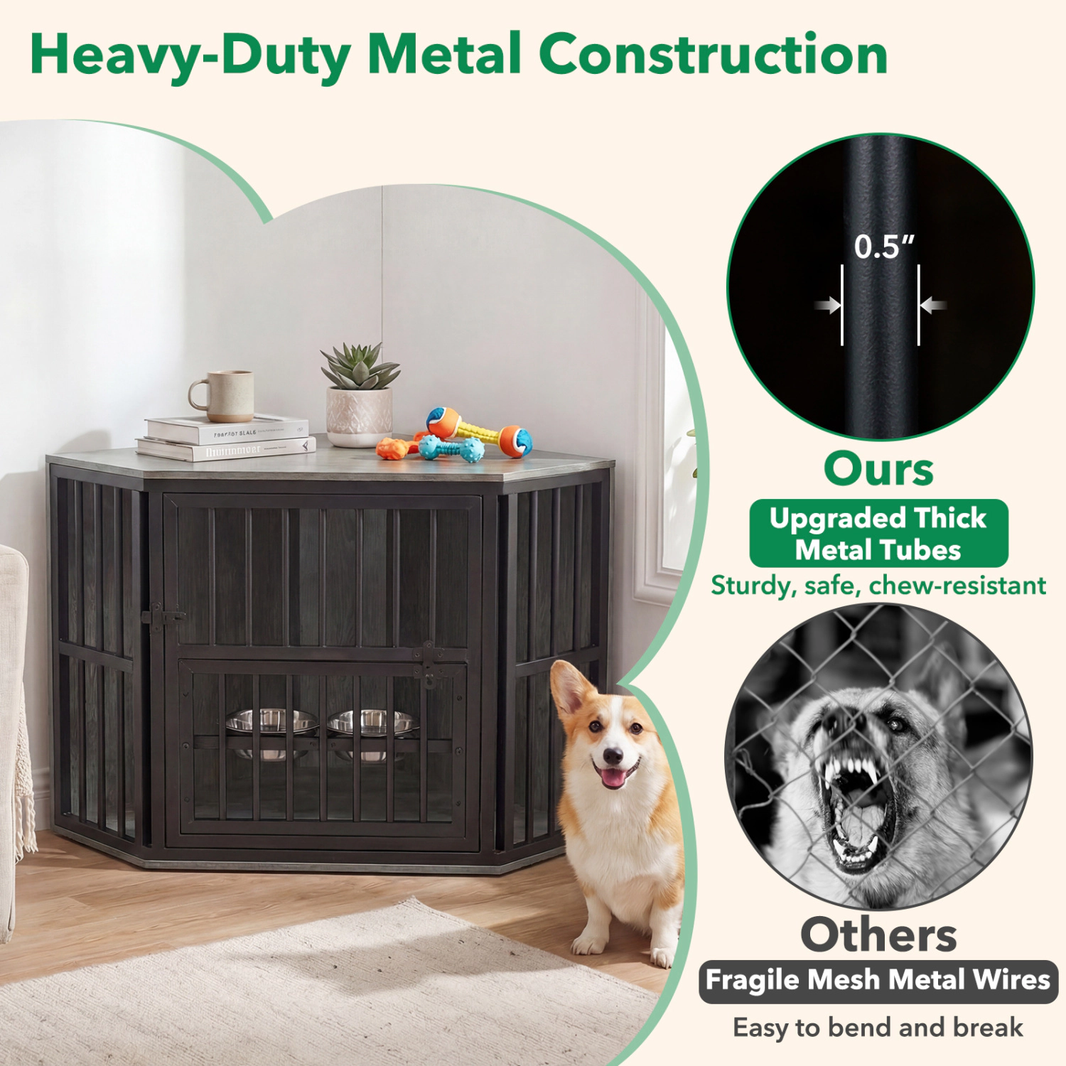 SUGIFT 35.5-in Corner Wooden Dog Kennel End Table Pet Crate with 3-Position Bowl Rack 110-lb Capacity Brown/Oak+Black