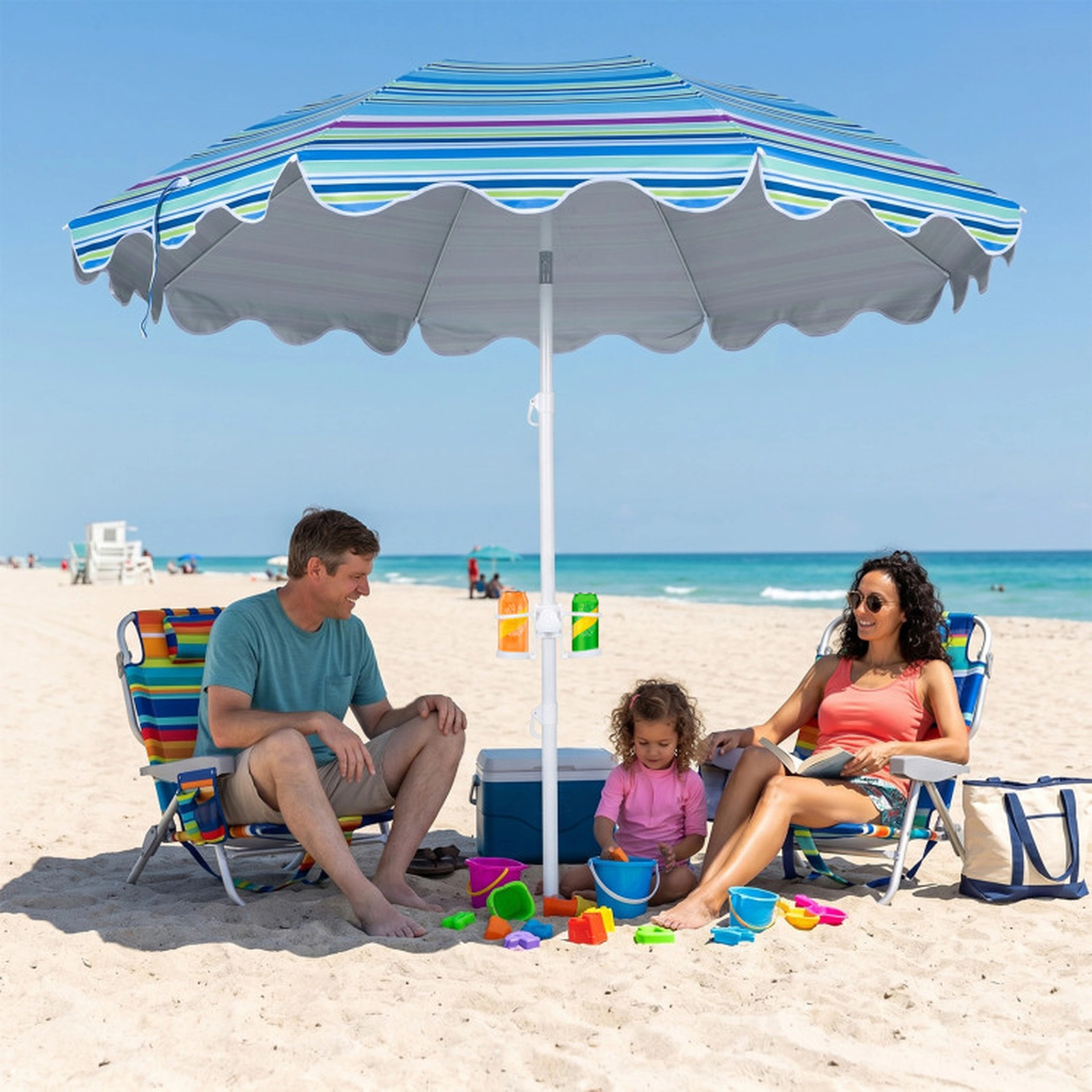SUGIFT UPF 50+ Silver-Coated Beach Umbrella Sand Anchor & Cup Holder 7-ft Canopy 16-in Anchor 2.5-in Cup Holder Blue