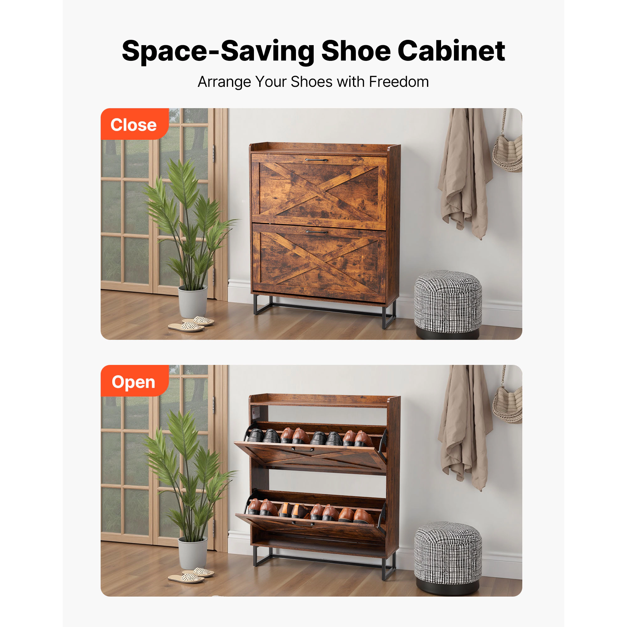 HONGGE Shoe Cabinet with 2 Flip Drawers Shoes Storage Cabinet with Anti-Tipping Device Freestanding Shoe Organizer