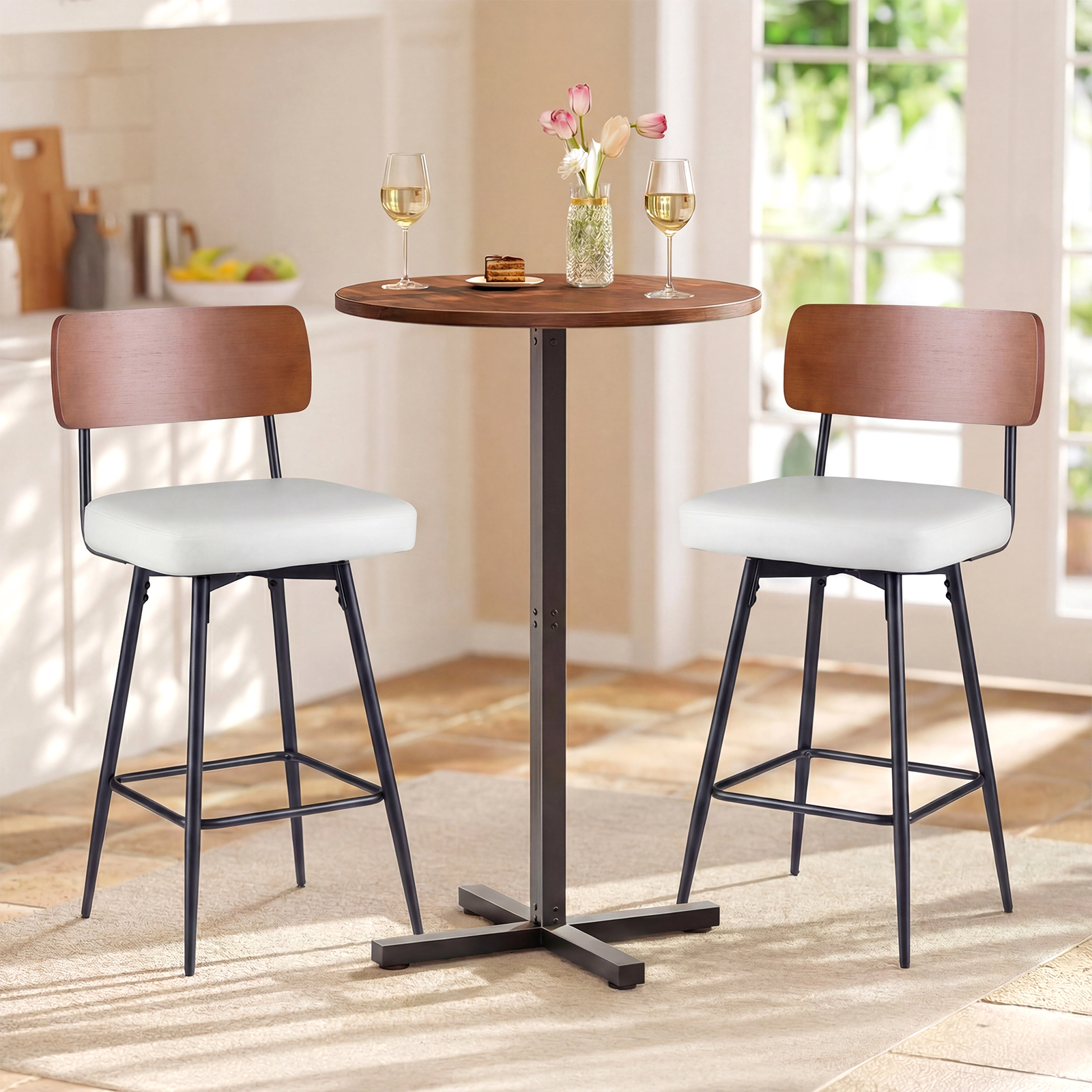 SUGIFT 27-in Padded 360° Swivel Counter Bar Stools Set of 2 Footrest 330-lb Capacity 27-in Seat Height White Cushion