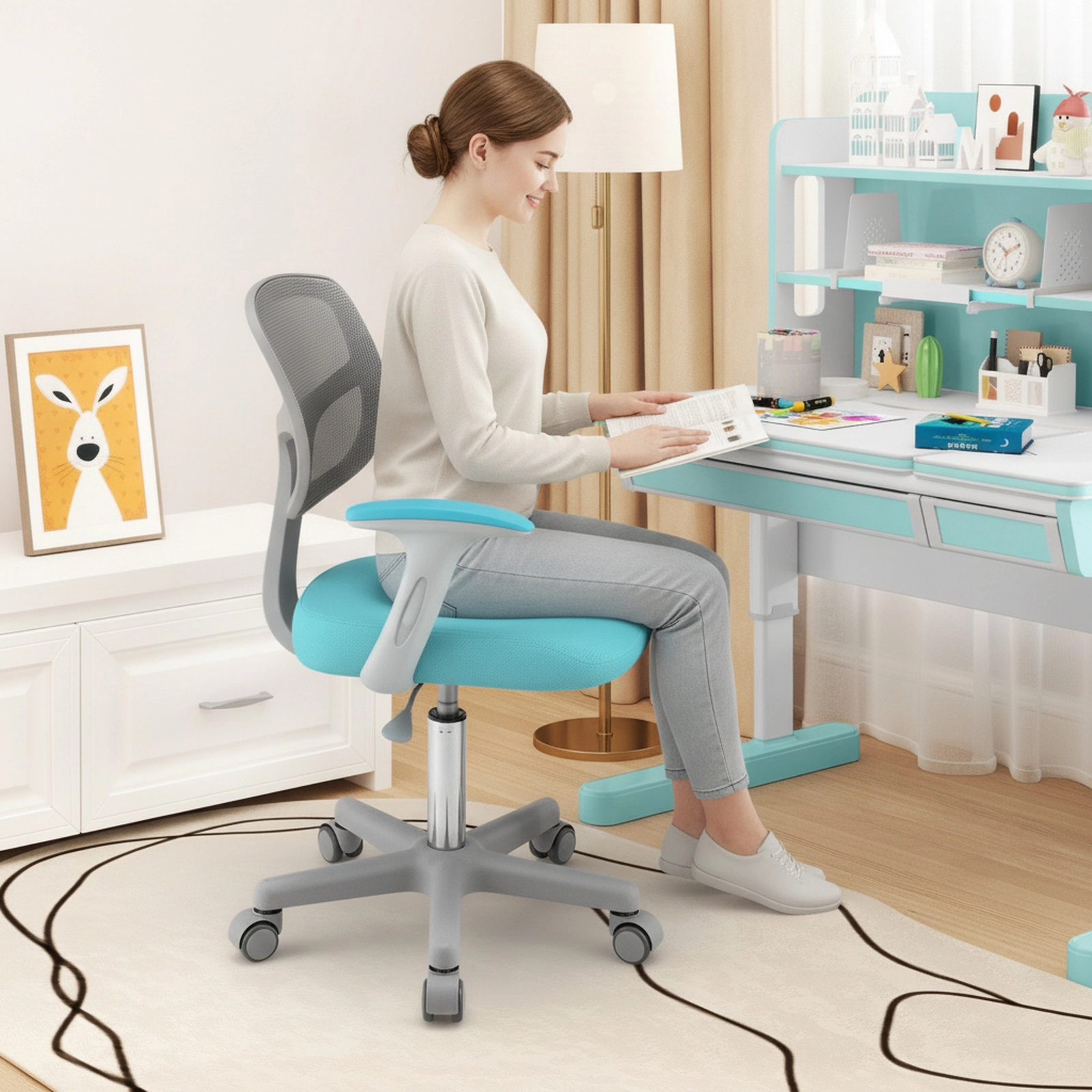 SUGIFT Kids Desk Chair, Adjustable Ergonomic Study Chair with Mesh Back, Auto-Brake Casters, Turquoise