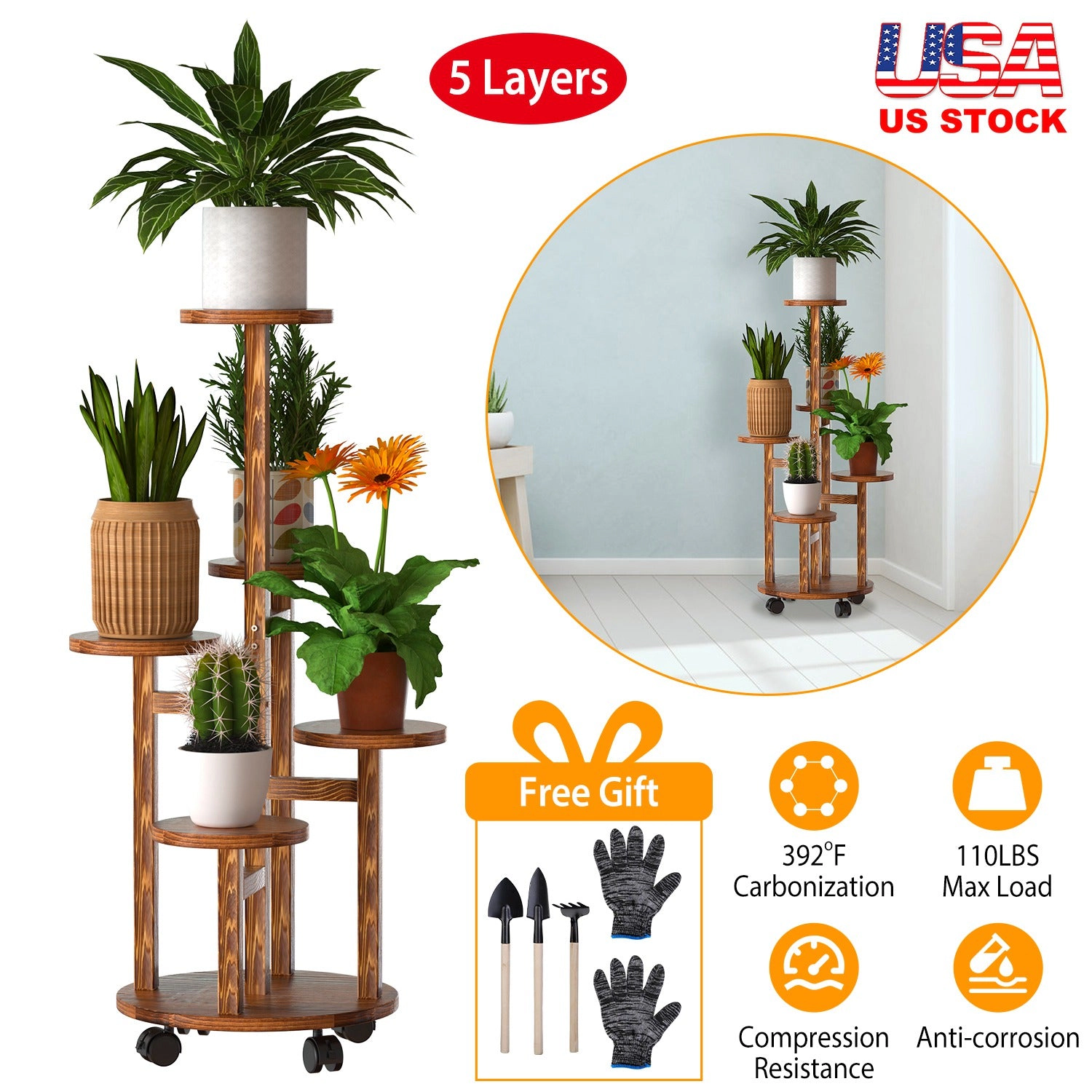 GBruno 5-Tier Rolling Plant Stand With Wheels