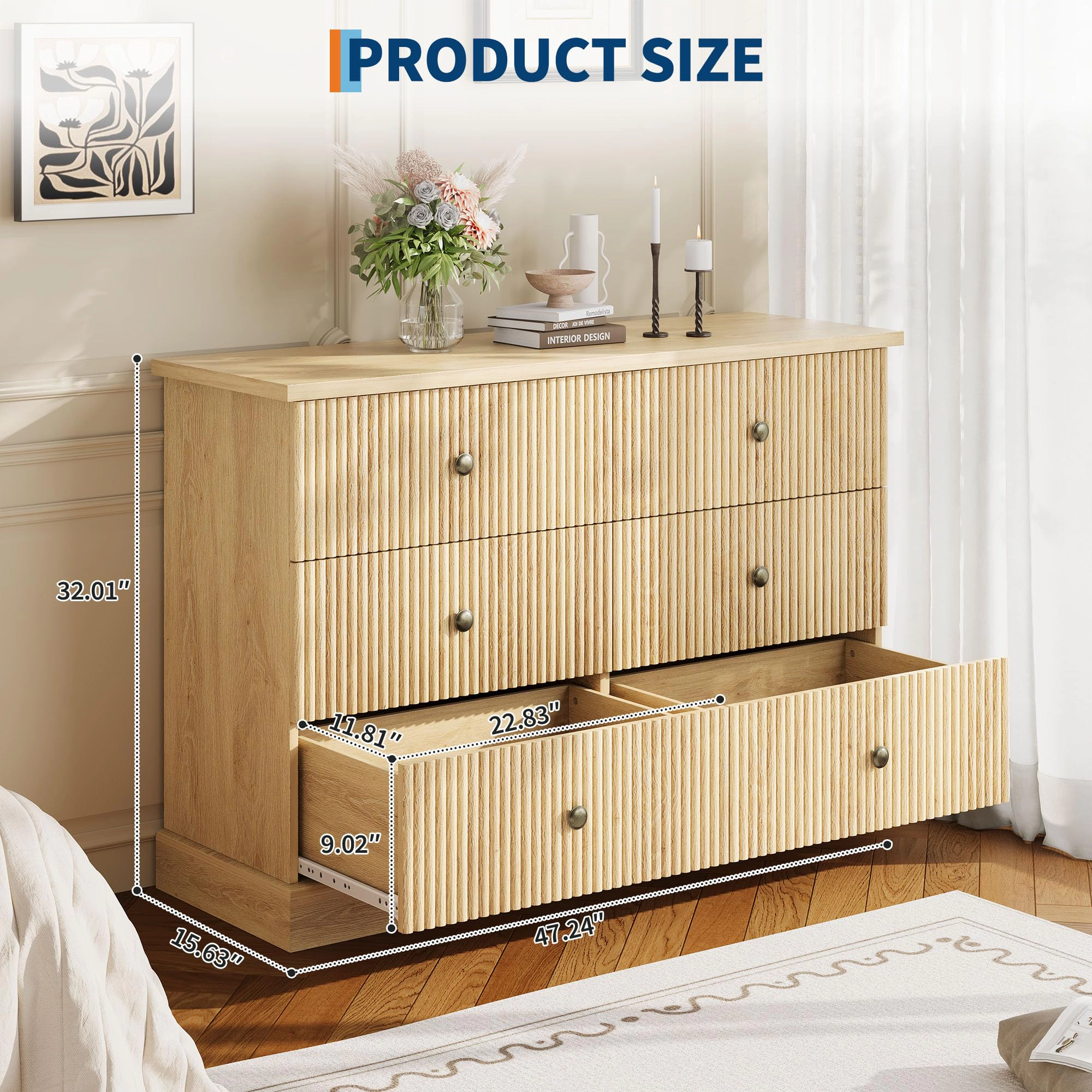 6 Drawer Fluted Dresser, 47" Wide Modern Wood Storage Chest with Metal Handles for Bedroom Apartment