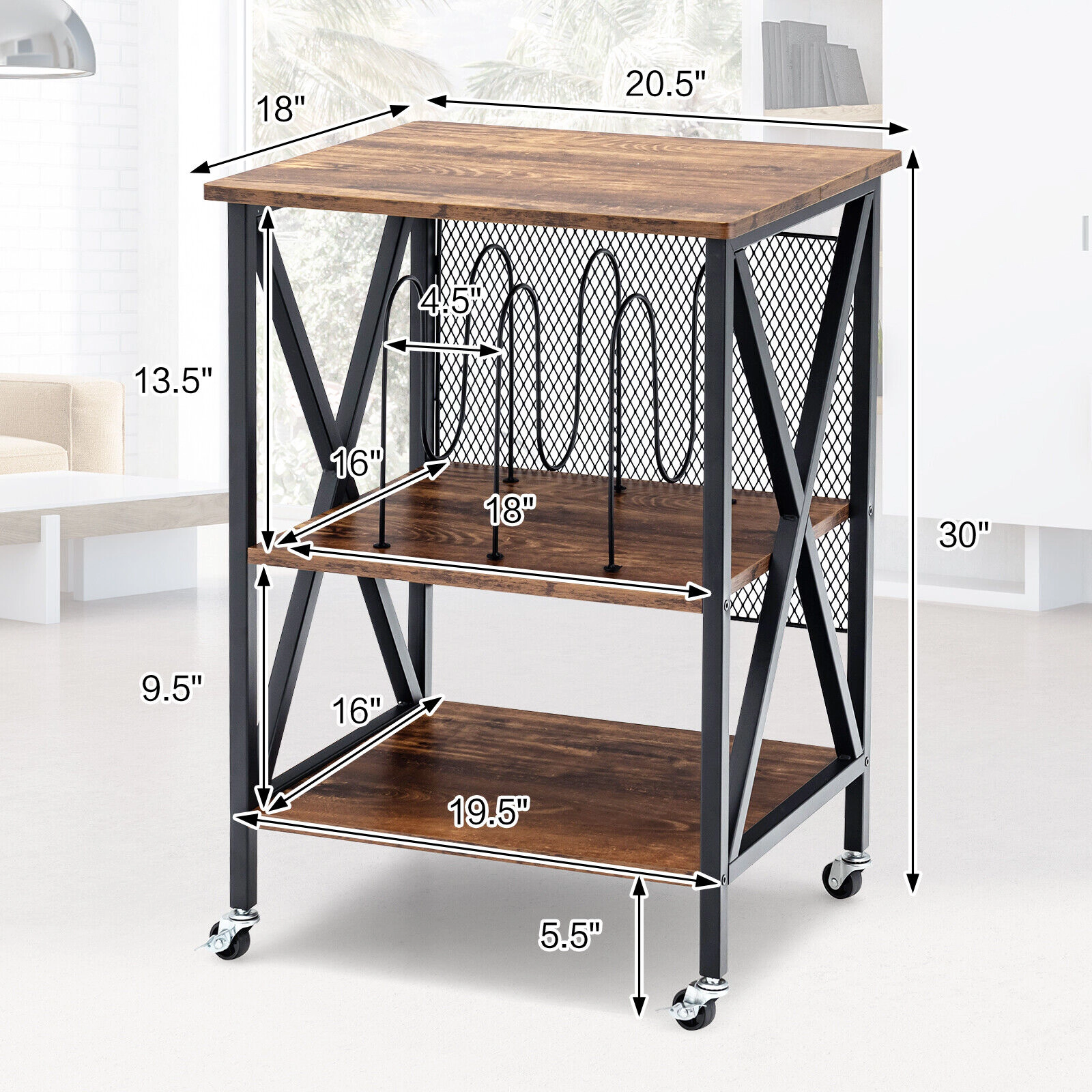 Glintex Rolling 3-Tier Vinyl Record Stand with 3 Dividers and Lockable Casters, Brown