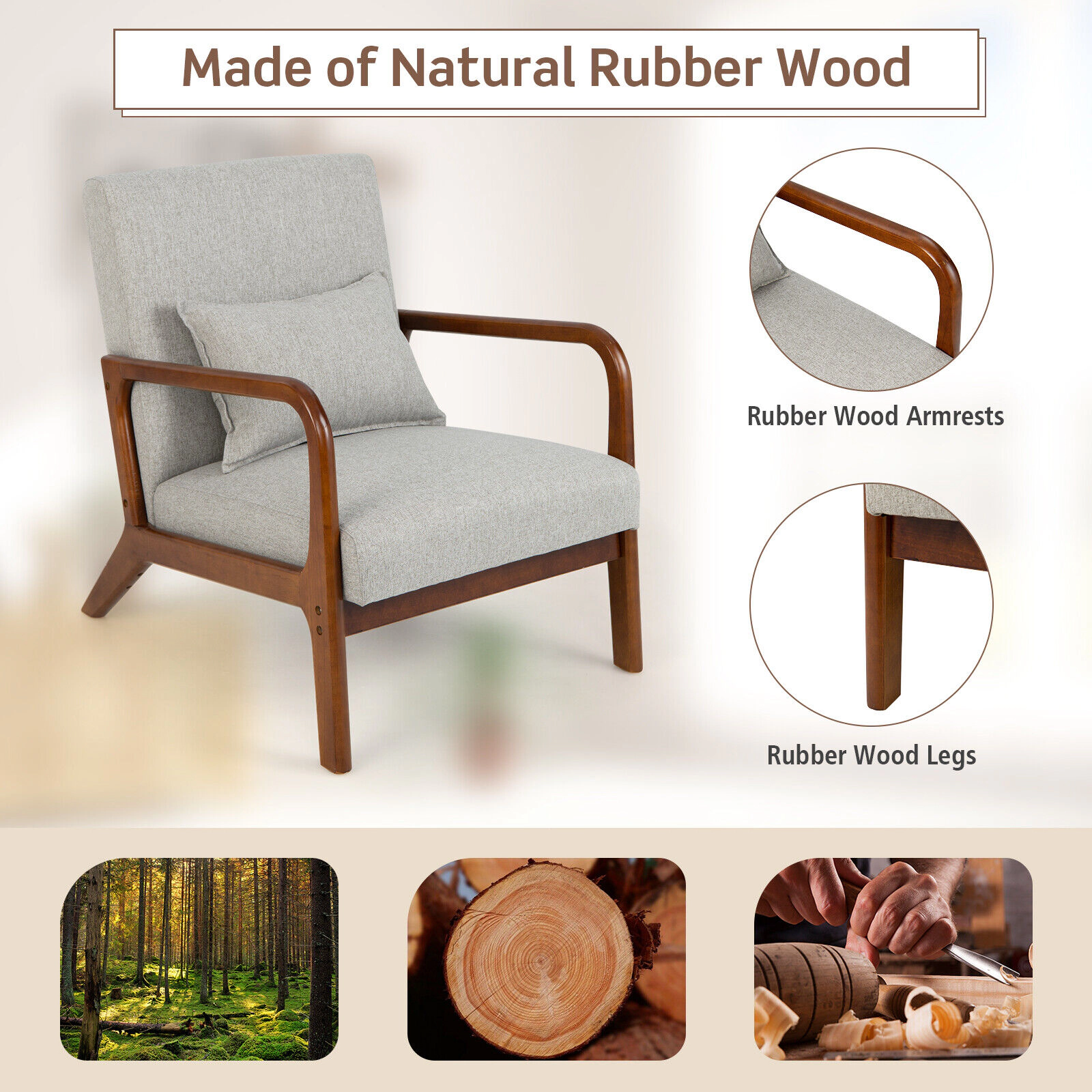 SUGIFT Modern Accent Lounge Chair, 102-Degree Tilt, Rubber Wood Arms, Faux Linen, Gray