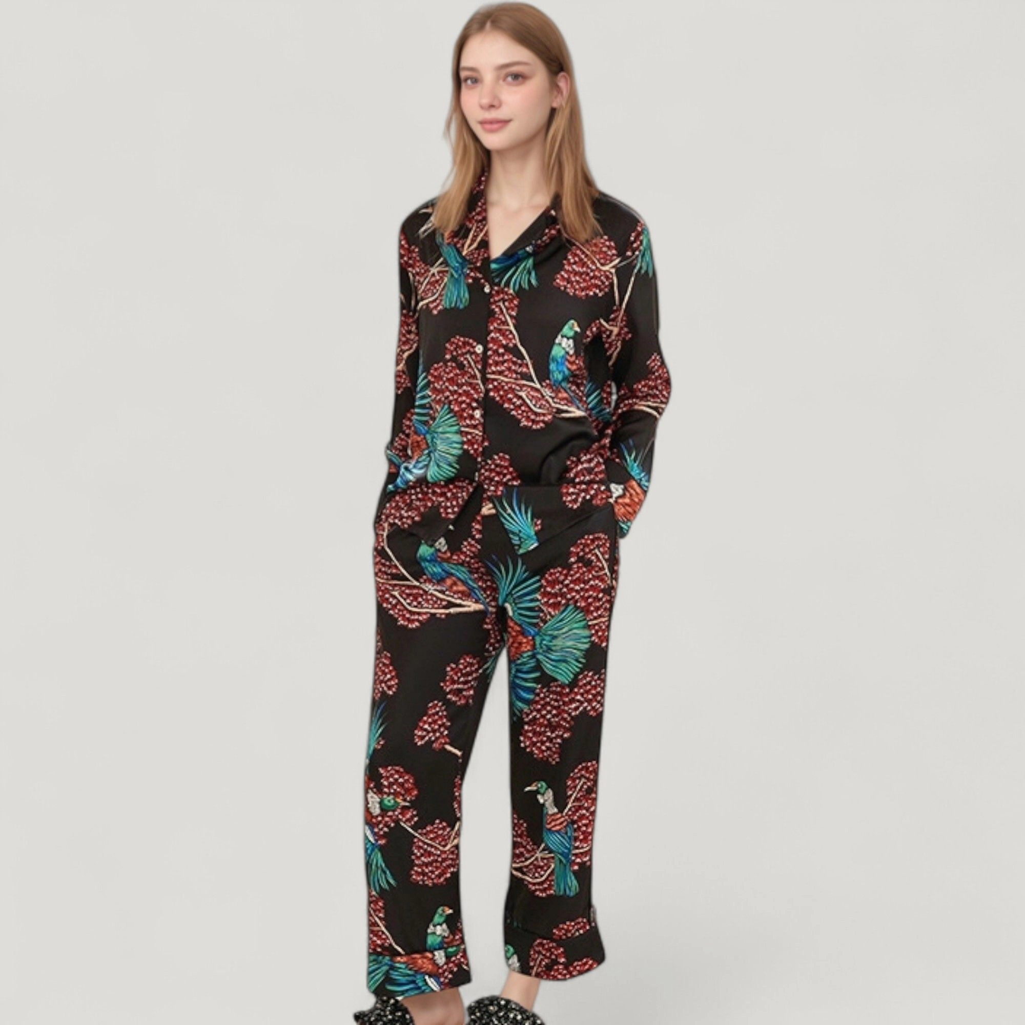Anna-Kaci Women's Woven Two-Piece Pajama Set Tropical Bird and Botanical Print Long Sleeve Top Relaxed Fit Pants