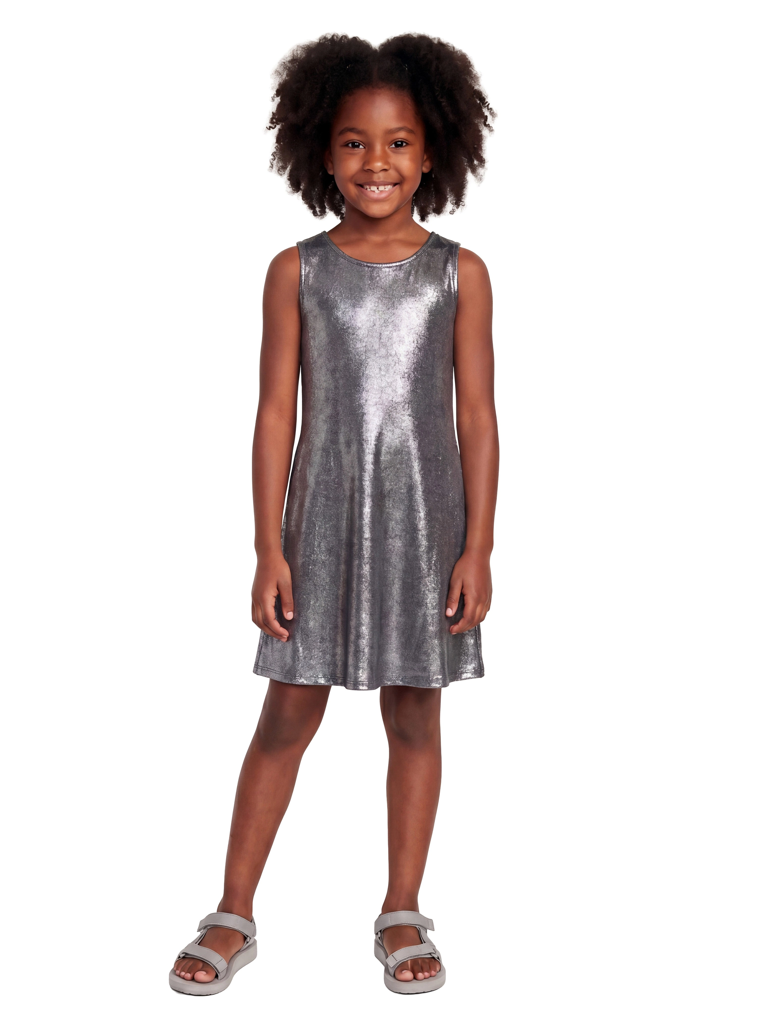 24sevenKid Essential Girls Black Shimmery Metallic Sleeveless A Line Dress