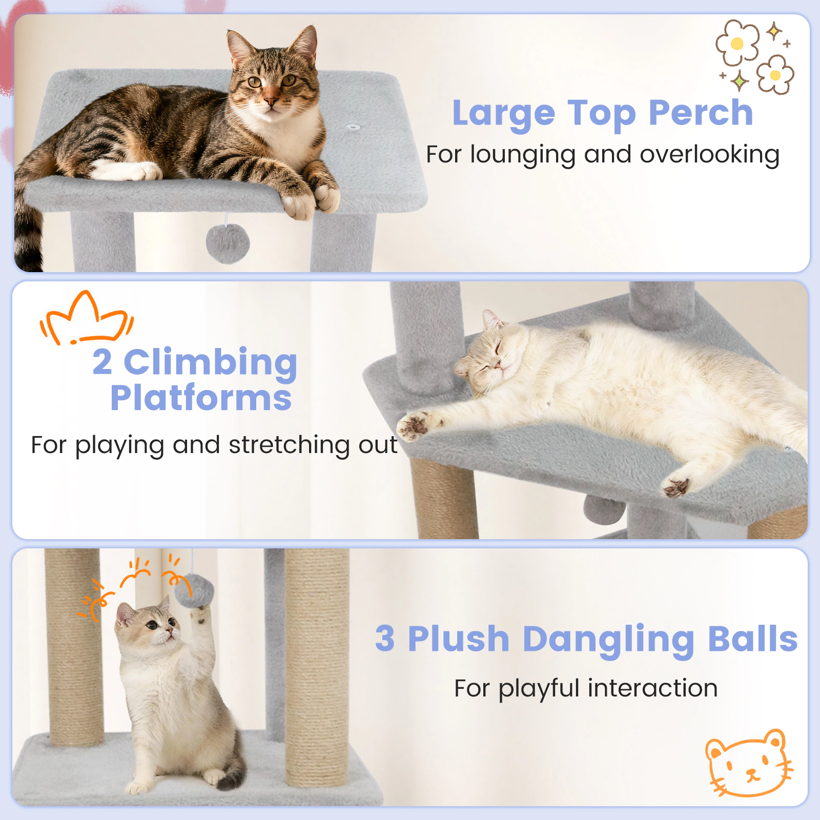 SUGIFT 64-in Light Grey Tall Cat Tree Scratching Tower with Natural Jute Posts 2 Condos and Top Perch