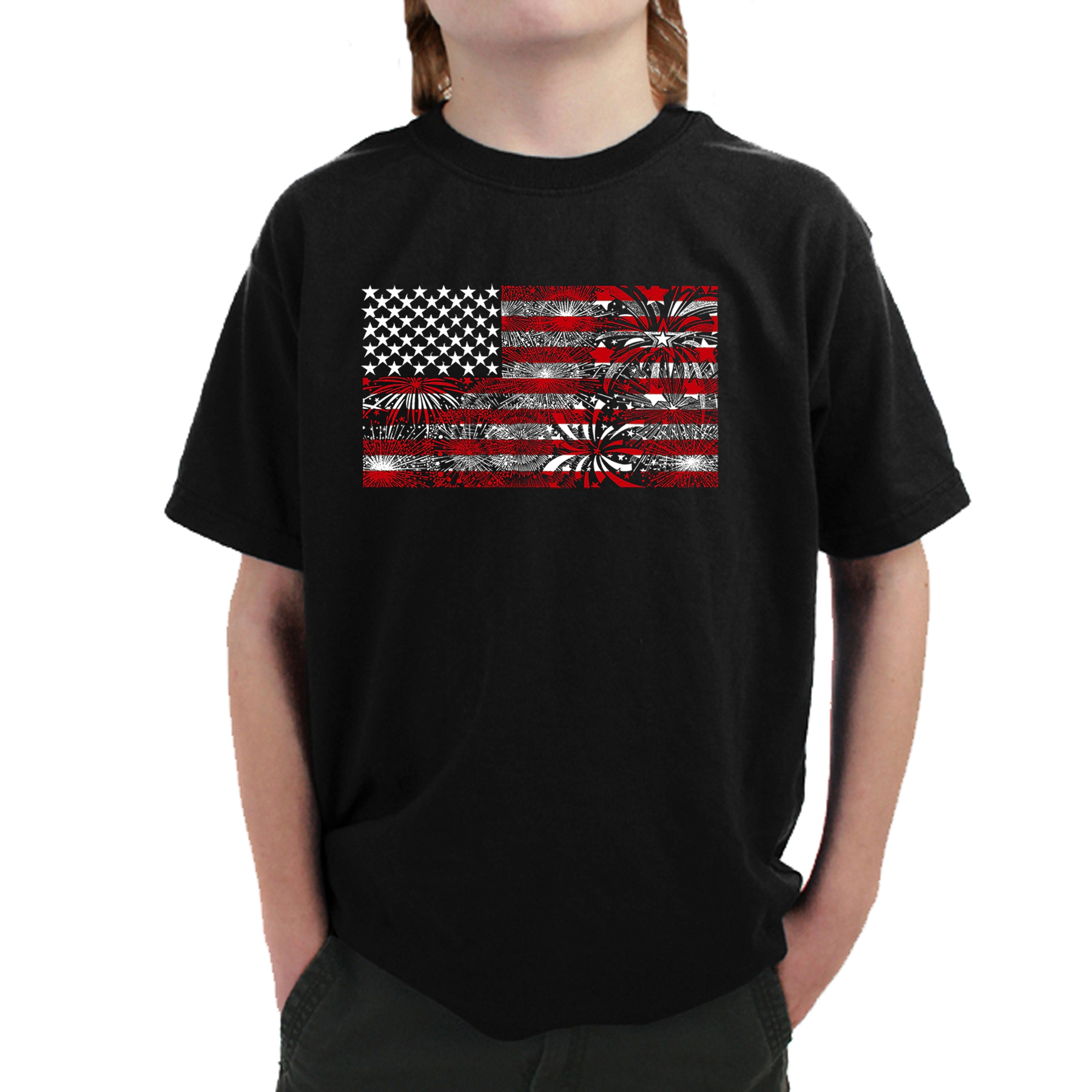 LA Pop Art Boy's Word T-Shirt - Fireworks American Flag