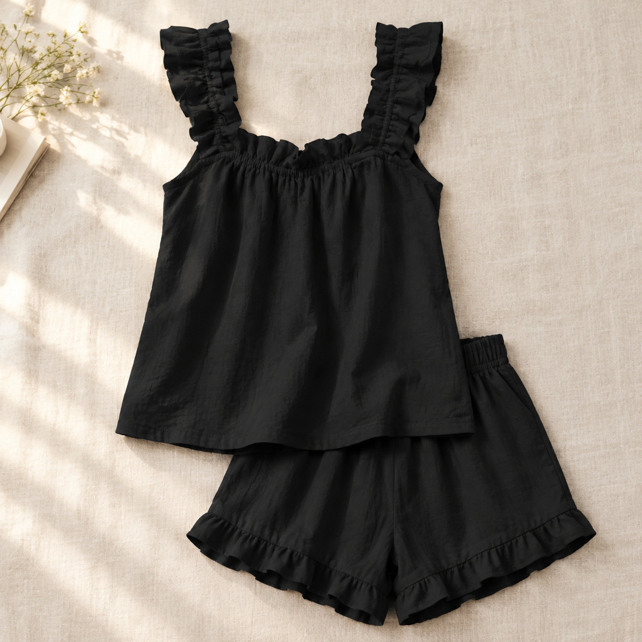 WZK Womens 2-Piece Ruffle Soft Tank Top Shorts Bridal Sleepwear Pajama Set