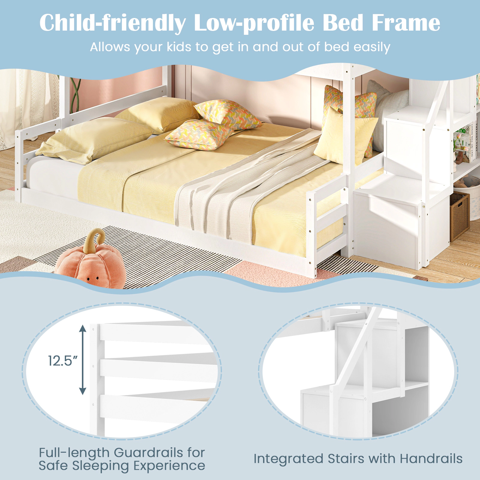 SUGIFT White Twin-over-Full Solid Wood Bunk Bed with Storage Stairs