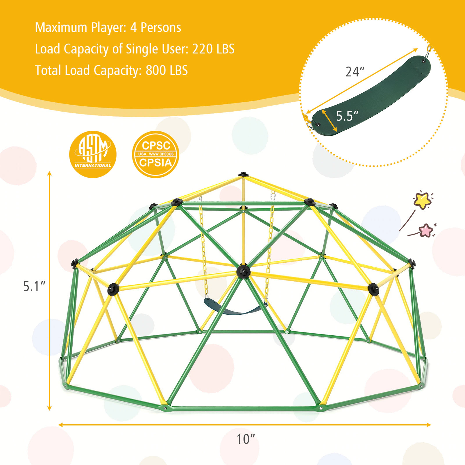 10-ft Climbing Dome Swing 800-lb Total Capacity Galvanized Steel Geometric Dome Climber for 6 Kids Ages 5-12 Green