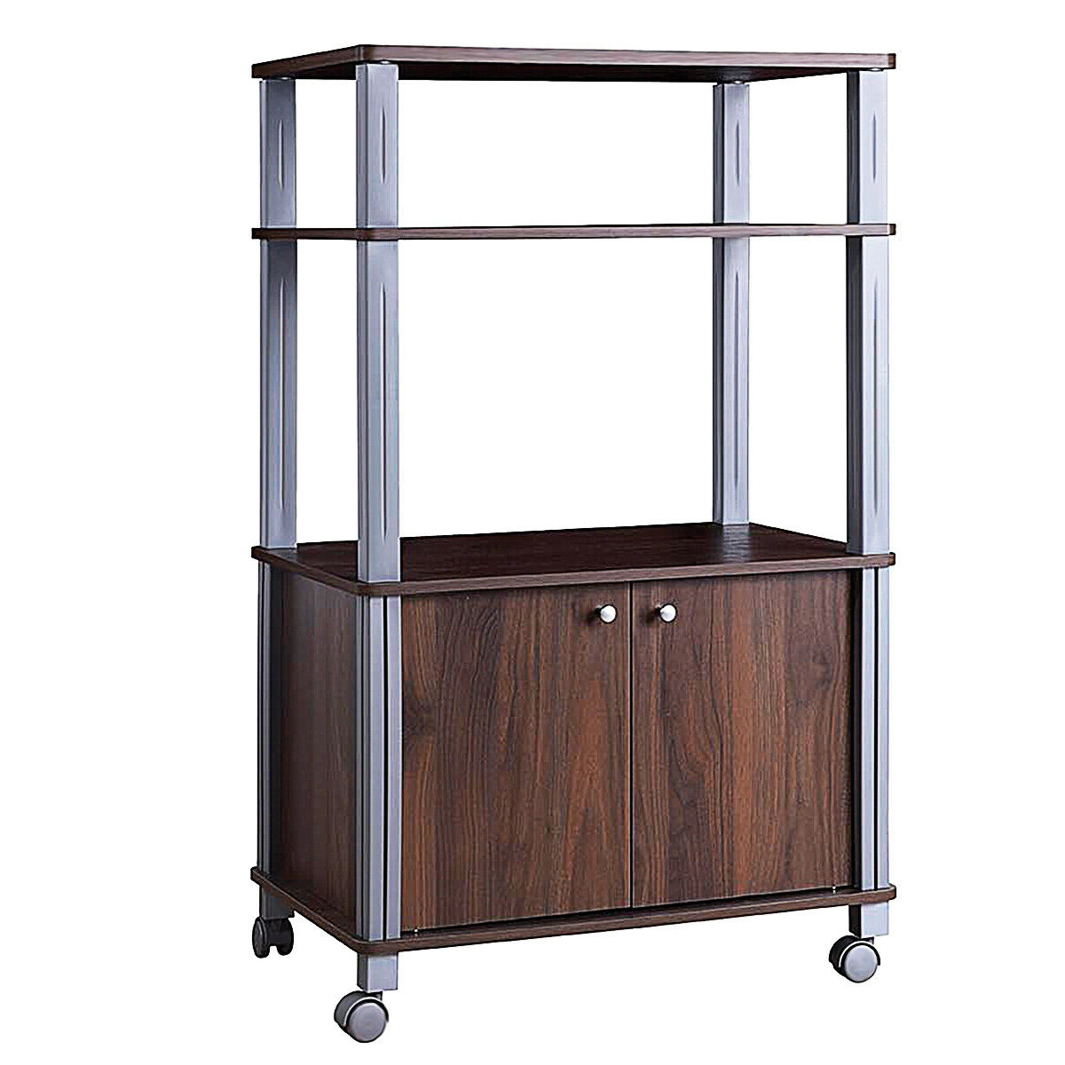 SUGIFT Microwave Rack Stand Walnut Rolling Storage Cart with 2-Door Cabinet