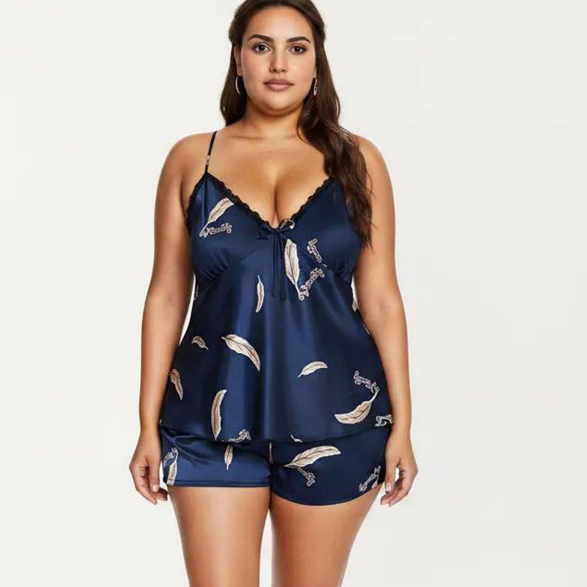 Anna-Kaci Women's Plus 2-Piece Satin Pajama Set Lace Trim Cami Top Adjustable Straps Shorts Sleepwear